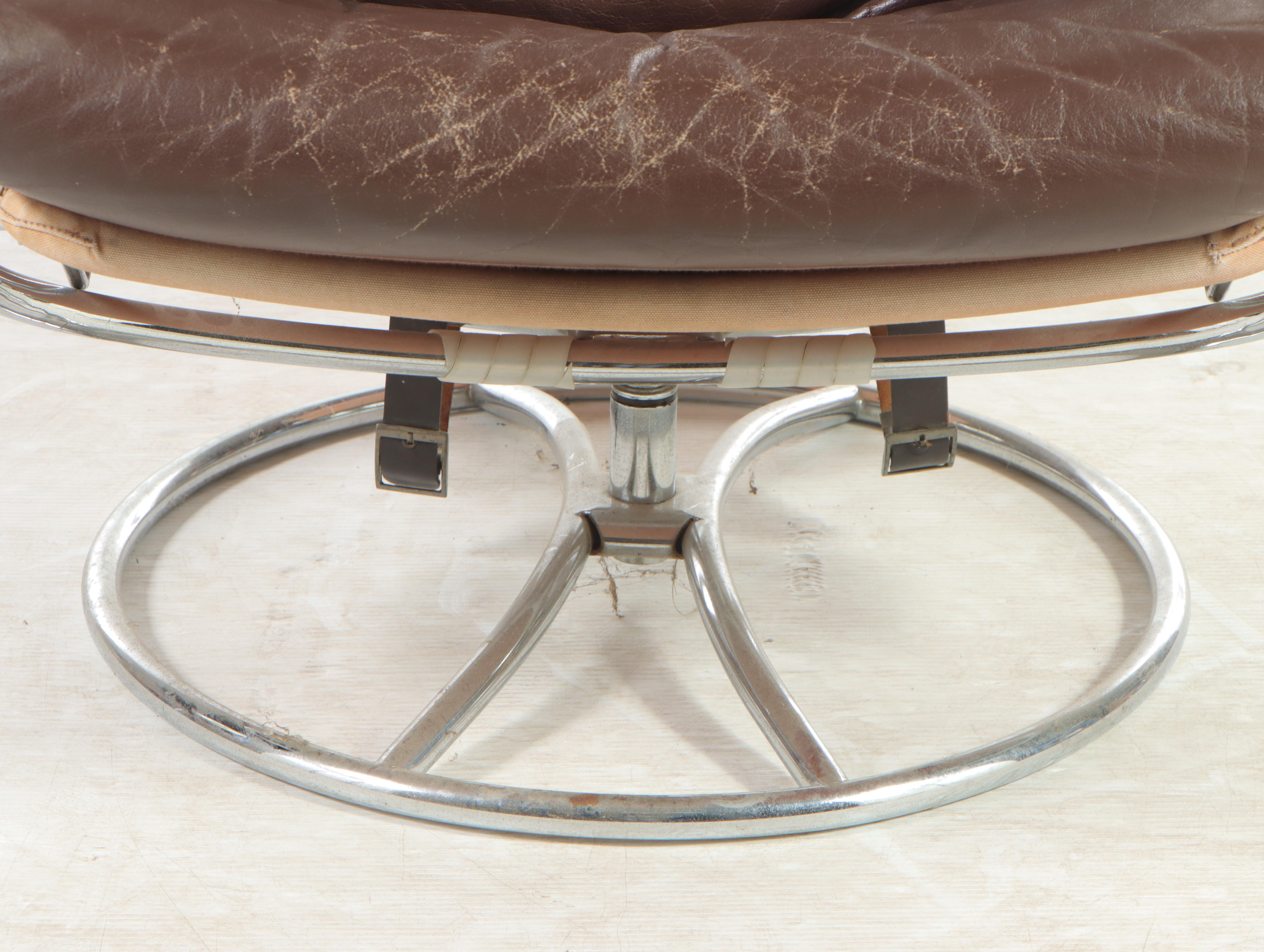 Modernist Chrome and Leather Lounge Chair and Ottoman, Manner of Ekornes, c 1970
