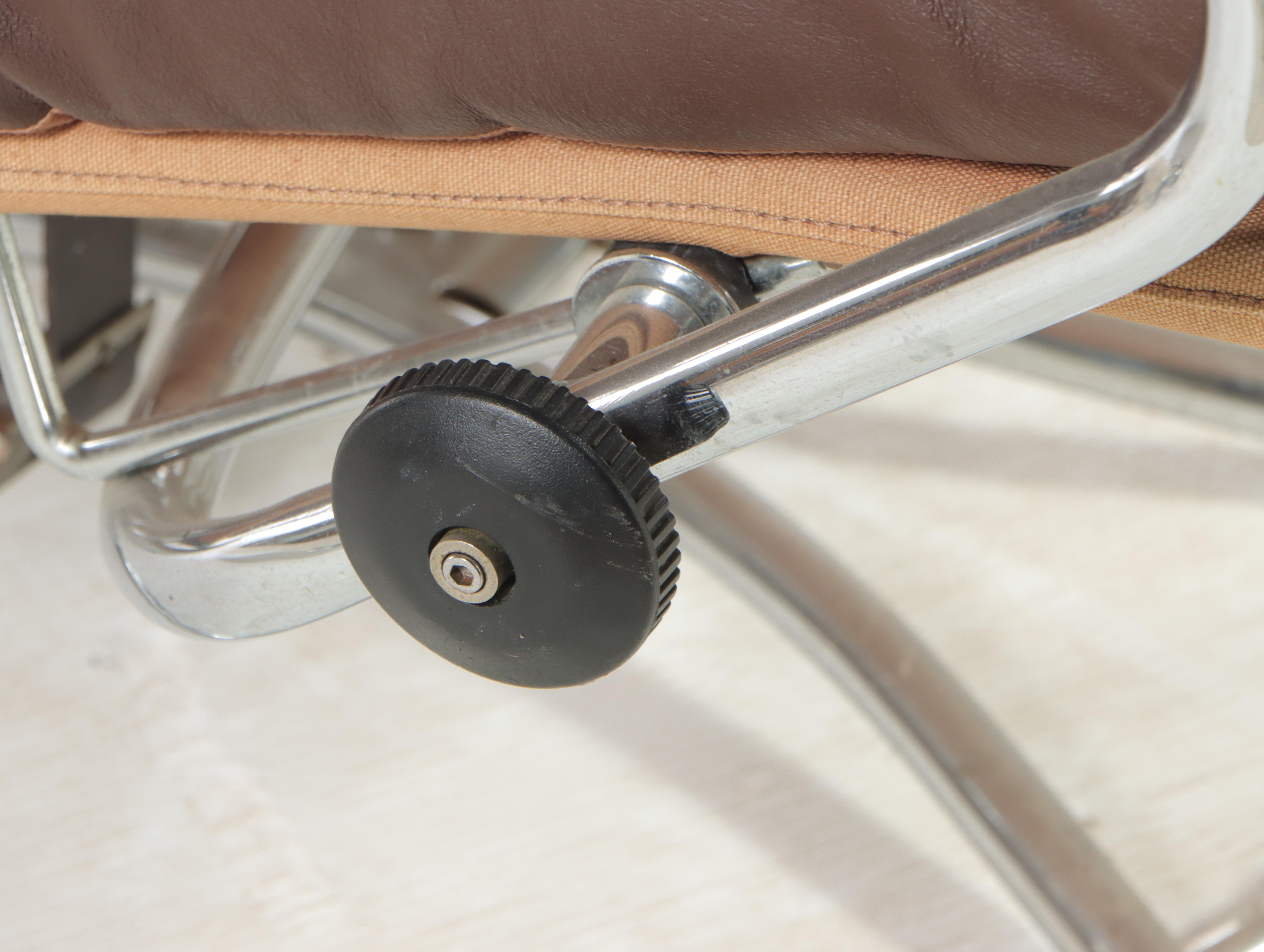 Modernist Chrome and Leather Lounge Chair and Ottoman, Manner of Ekornes, c 1970