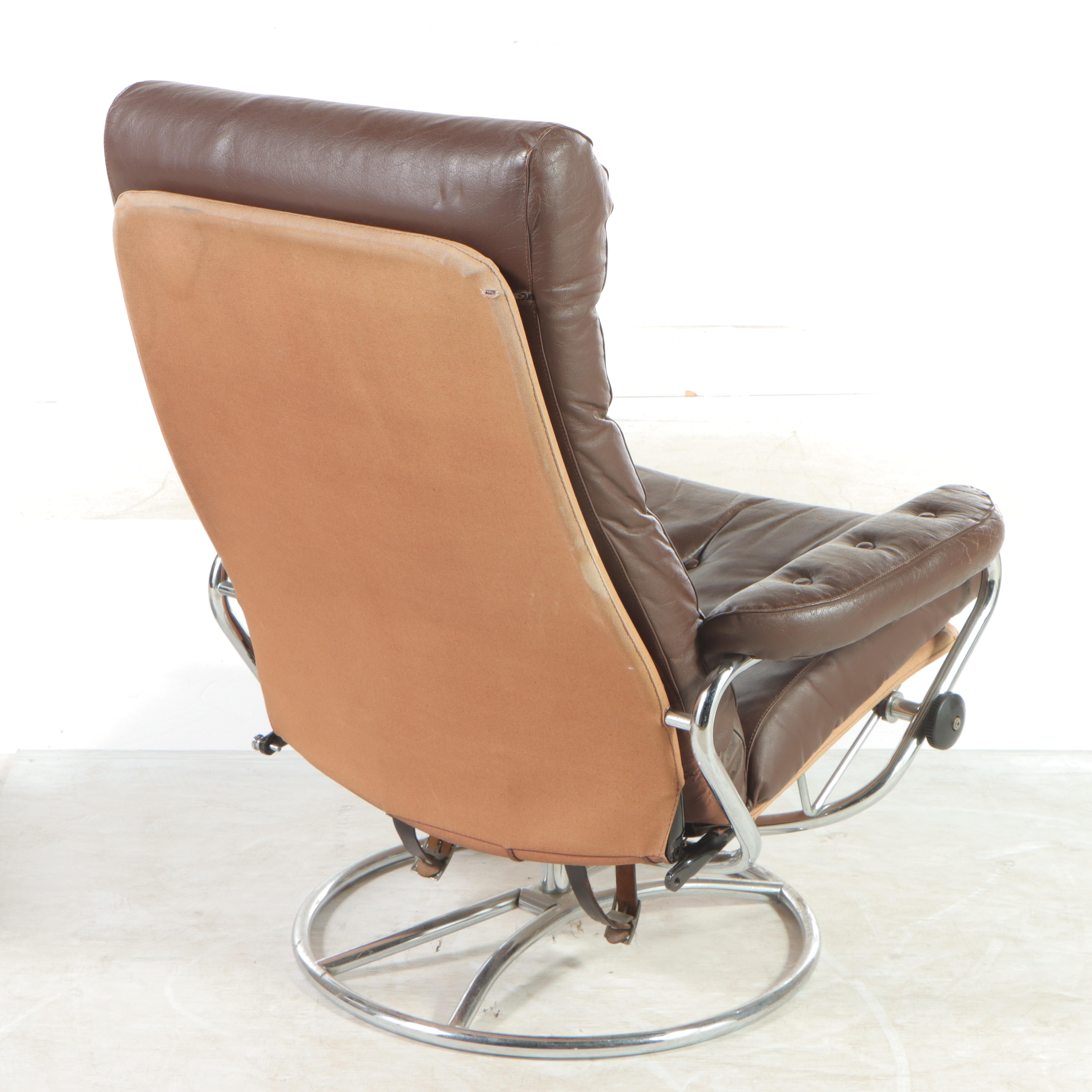 Modernist Chrome and Leather Lounge Chair and Ottoman, Manner of Ekornes, c 1970