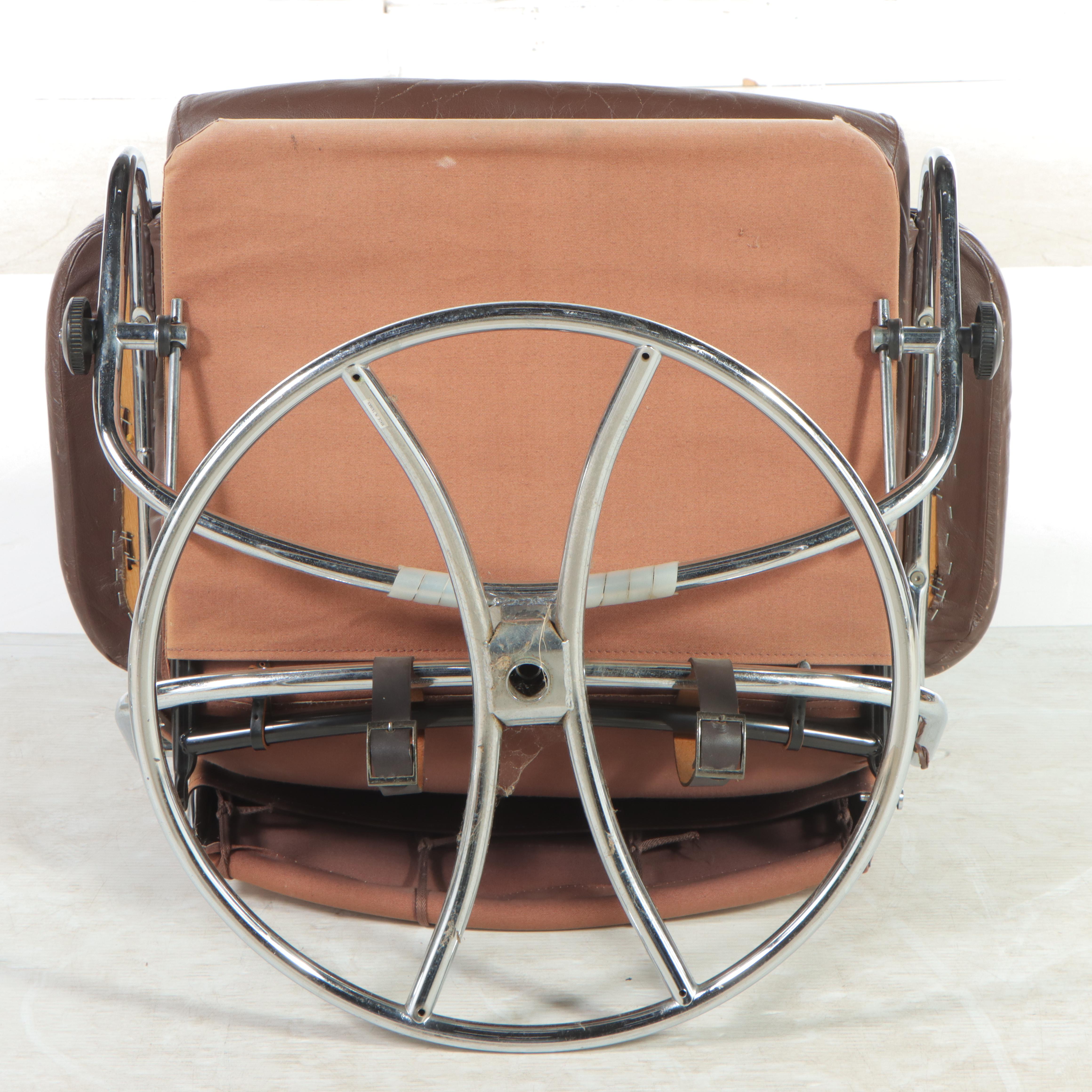 Modernist Chrome and Leather Lounge Chair and Ottoman, Manner of Ekornes, c 1970