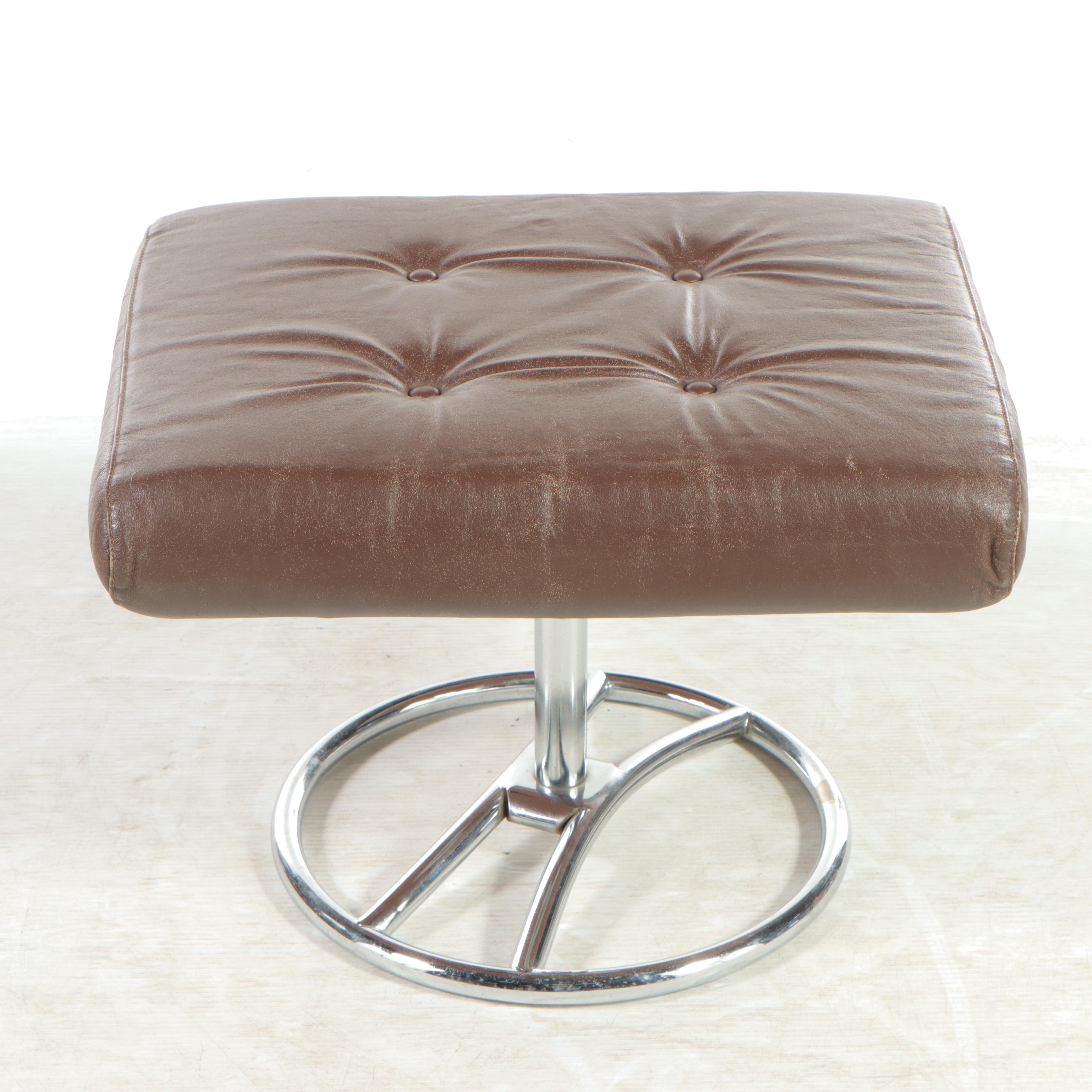 Modernist Chrome and Leather Lounge Chair and Ottoman, Manner of Ekornes, c 1970