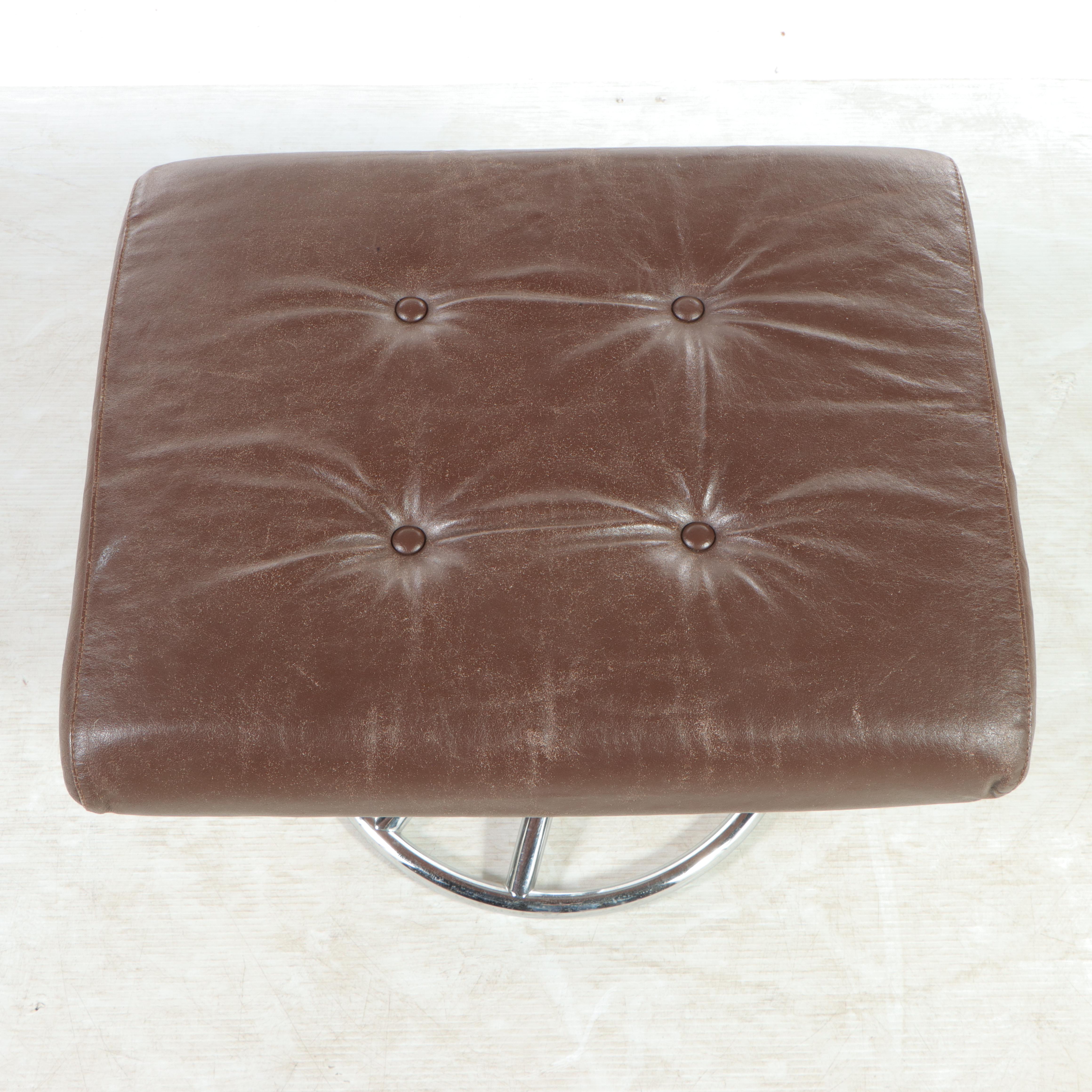 Modernist Chrome and Leather Lounge Chair and Ottoman, Manner of Ekornes, c 1970