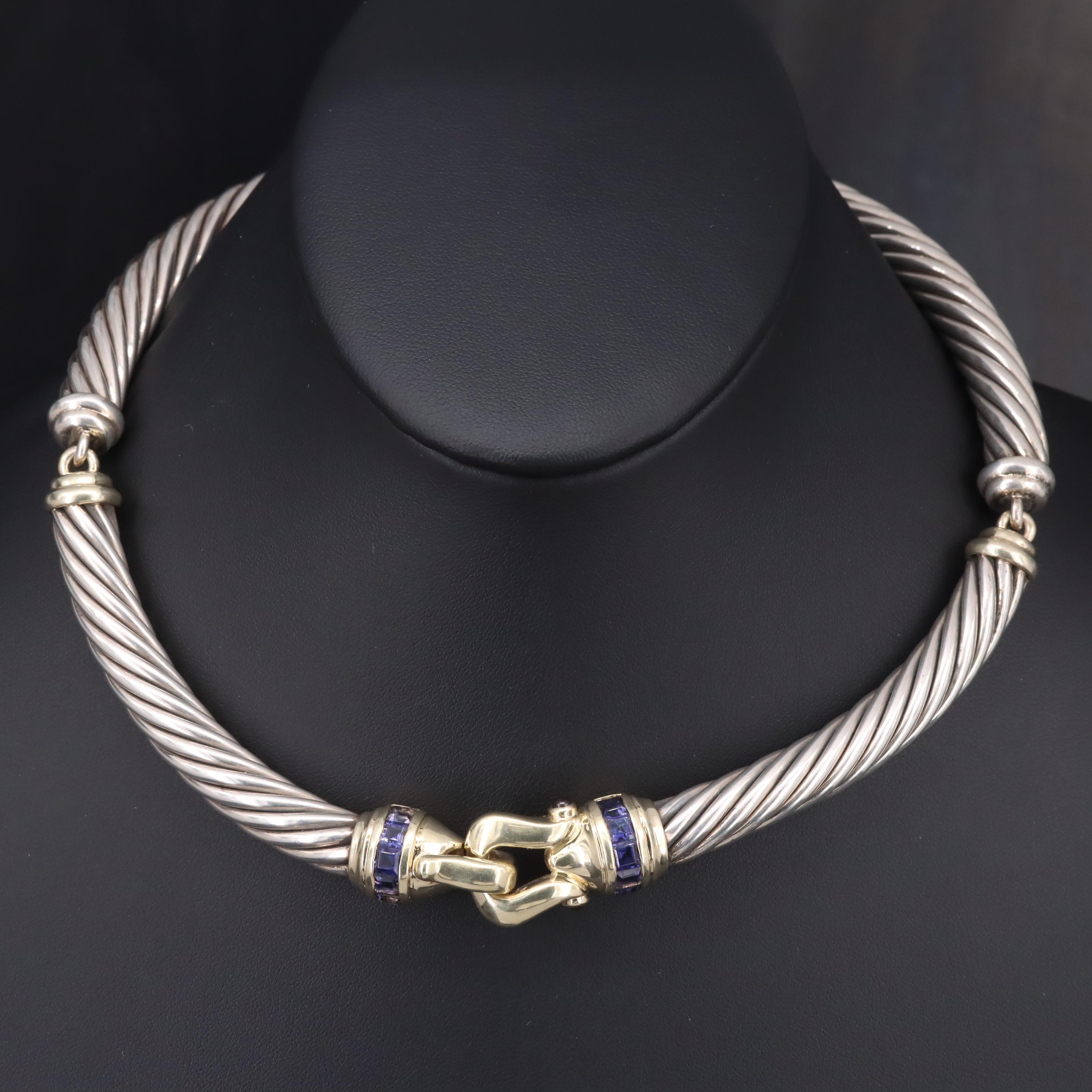 David Yurman "Buckle" Sterling Iolite and Garnet Cable Choker with 14K Accents