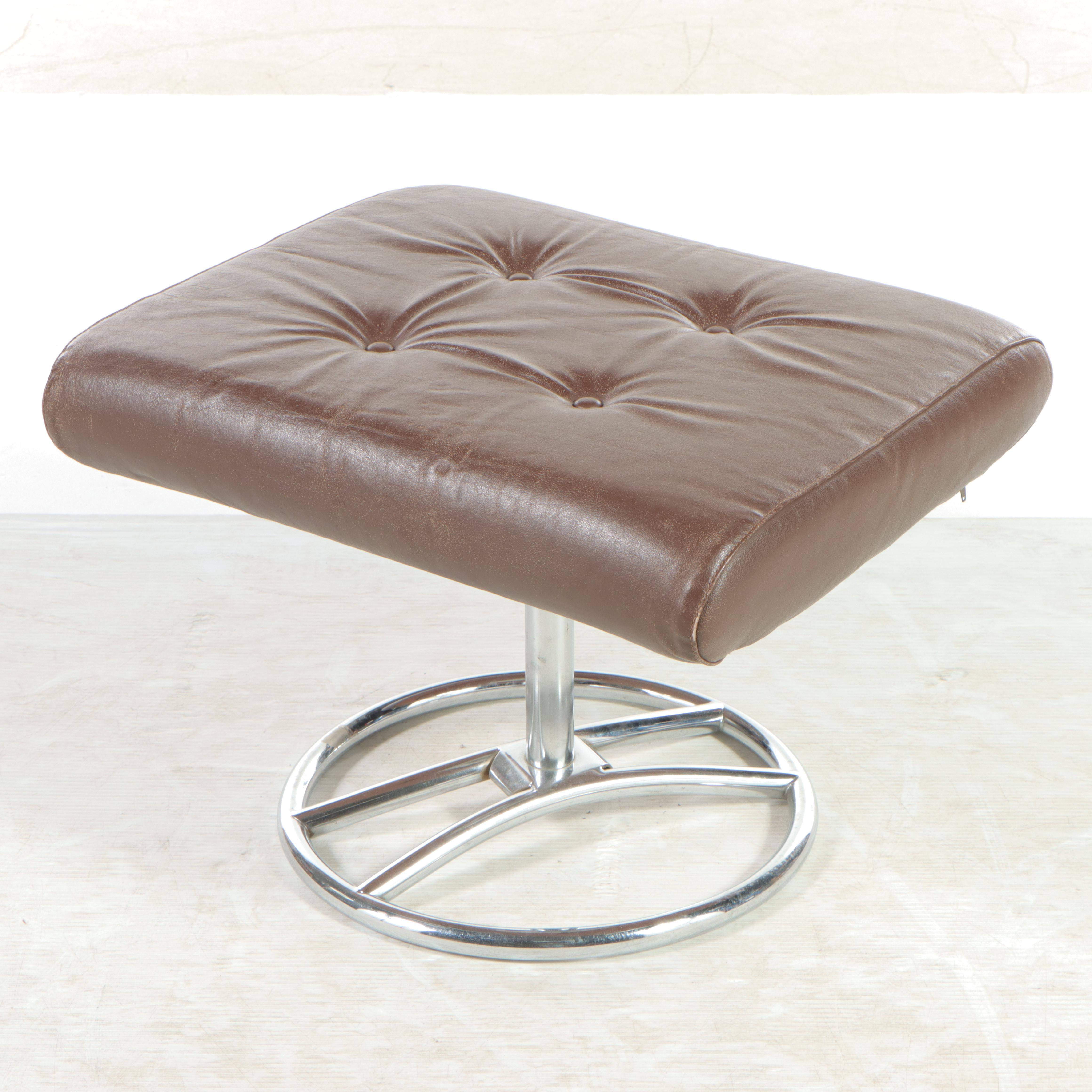 Modernist Chrome and Leather Lounge Chair and Ottoman, Manner of Ekornes, c 1970