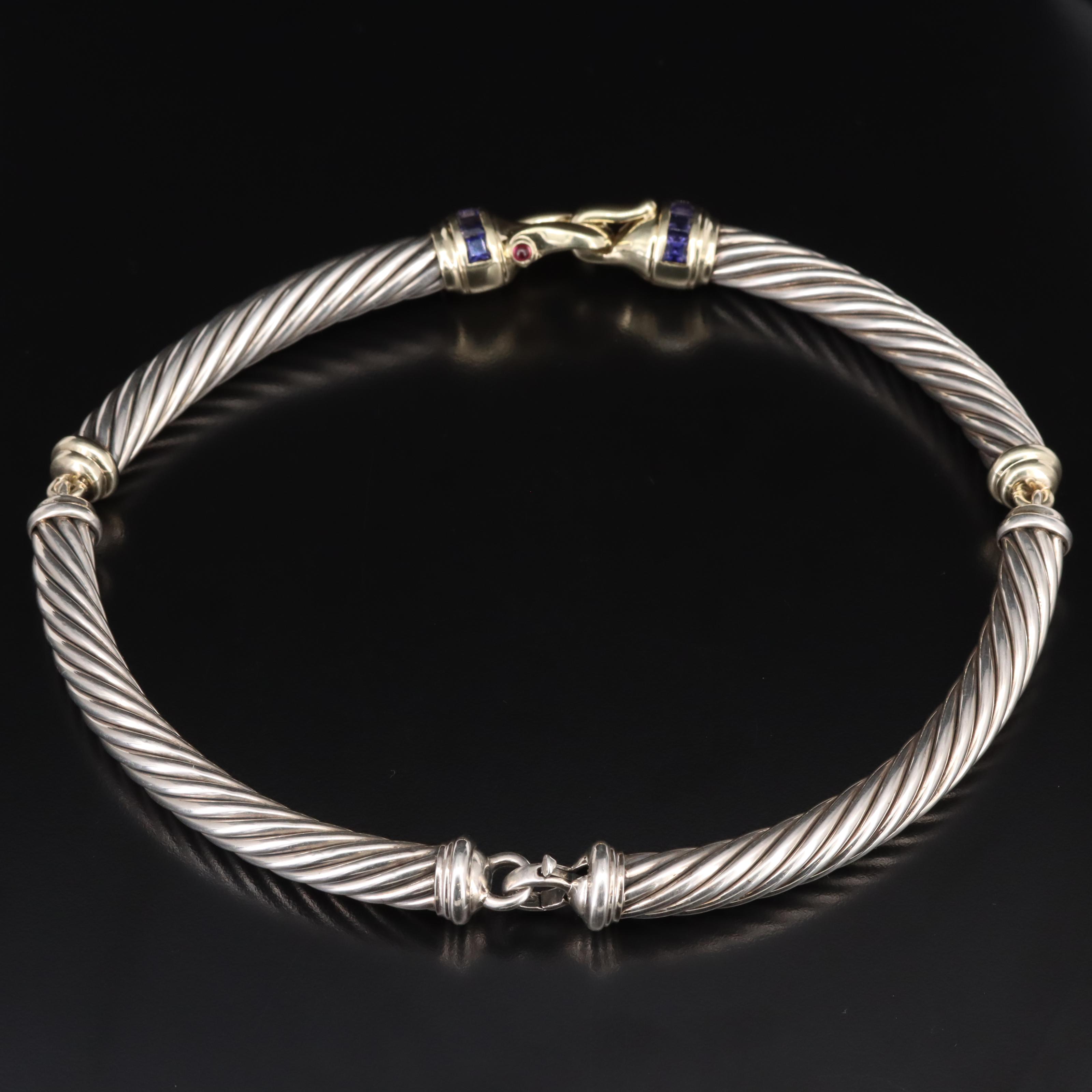 David Yurman "Buckle" Sterling Iolite and Garnet Cable Choker with 14K Accents