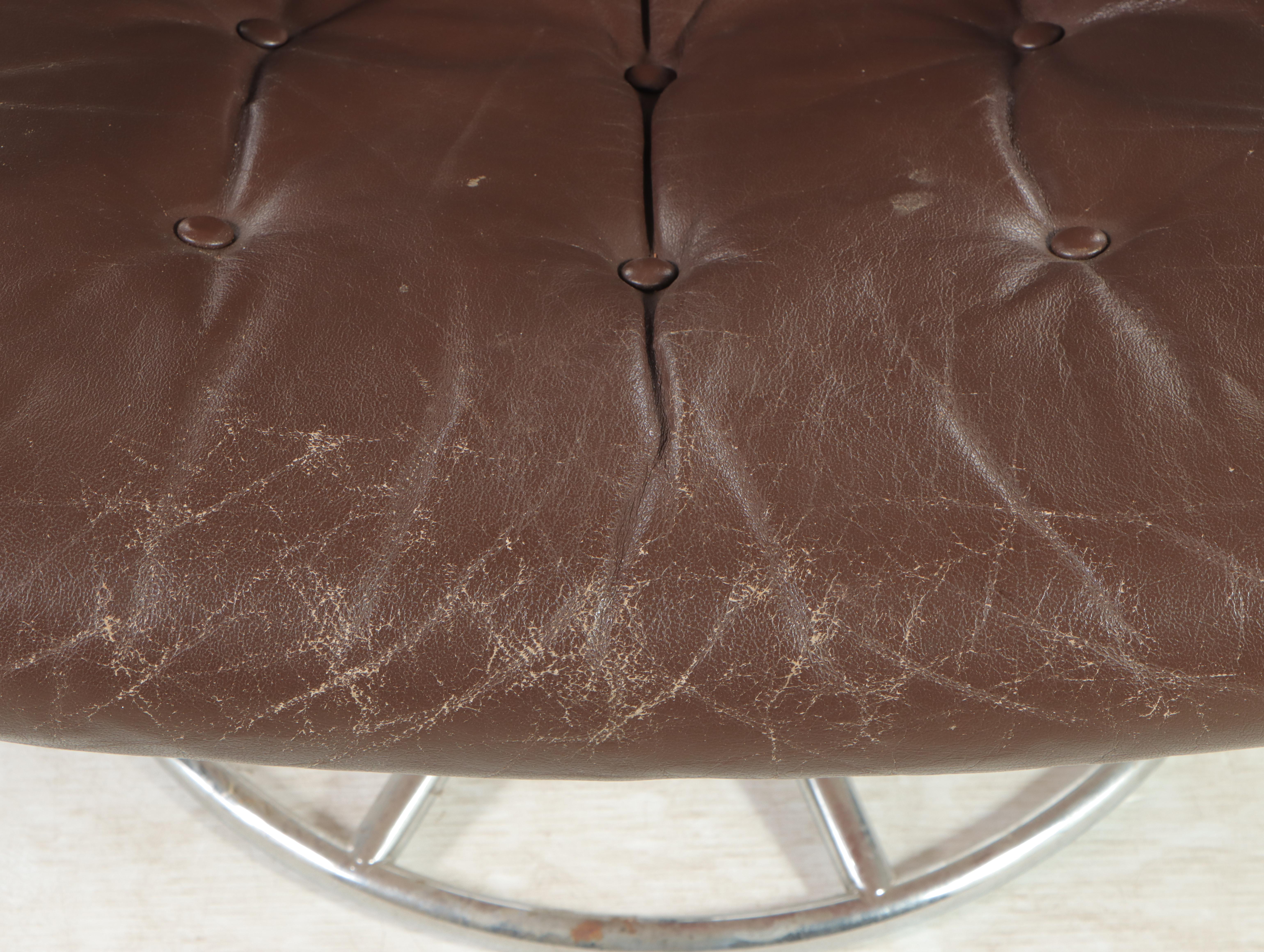 Modernist Chrome and Leather Lounge Chair and Ottoman, Manner of Ekornes, c 1970