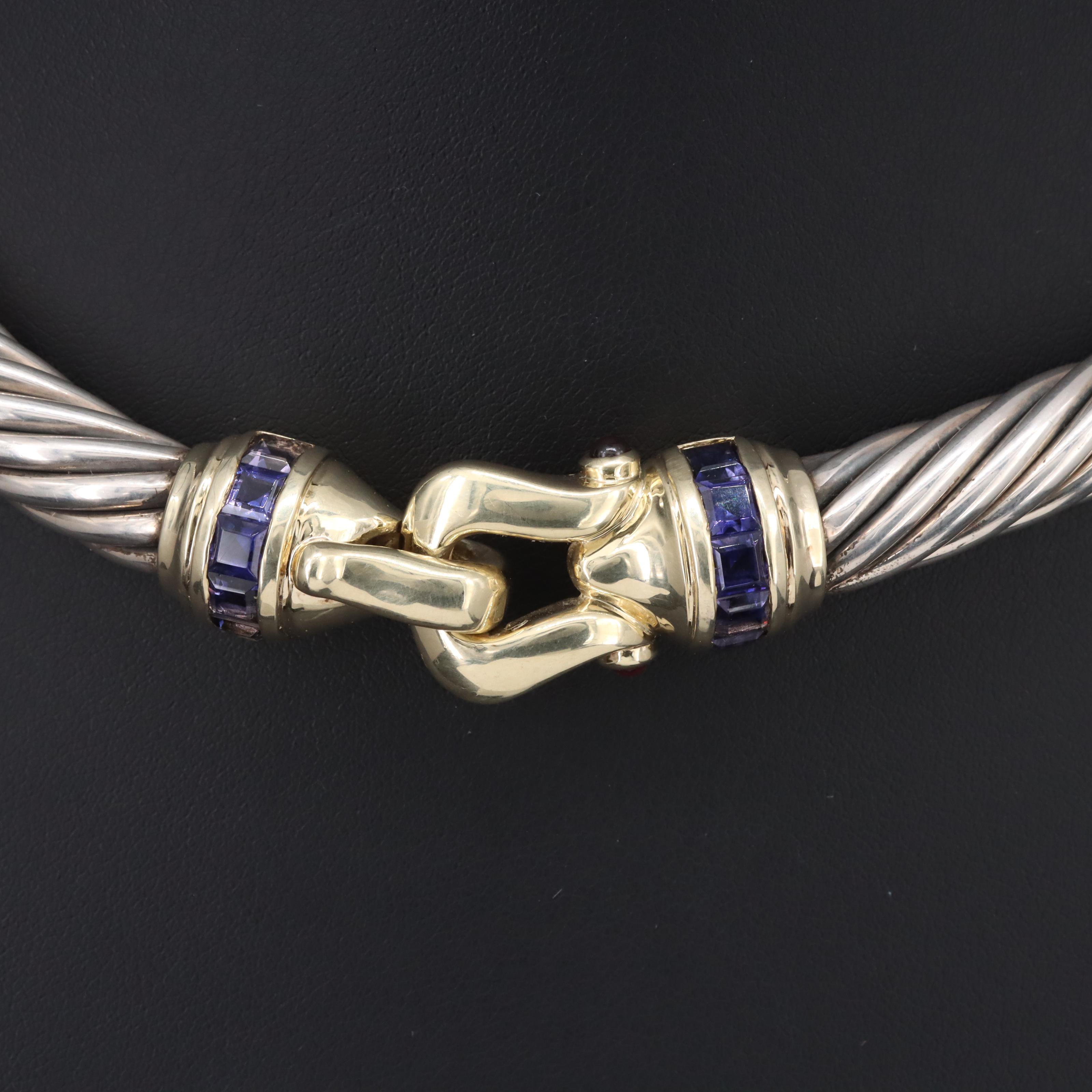 David Yurman "Buckle" Sterling Iolite and Garnet Cable Choker with 14K Accents