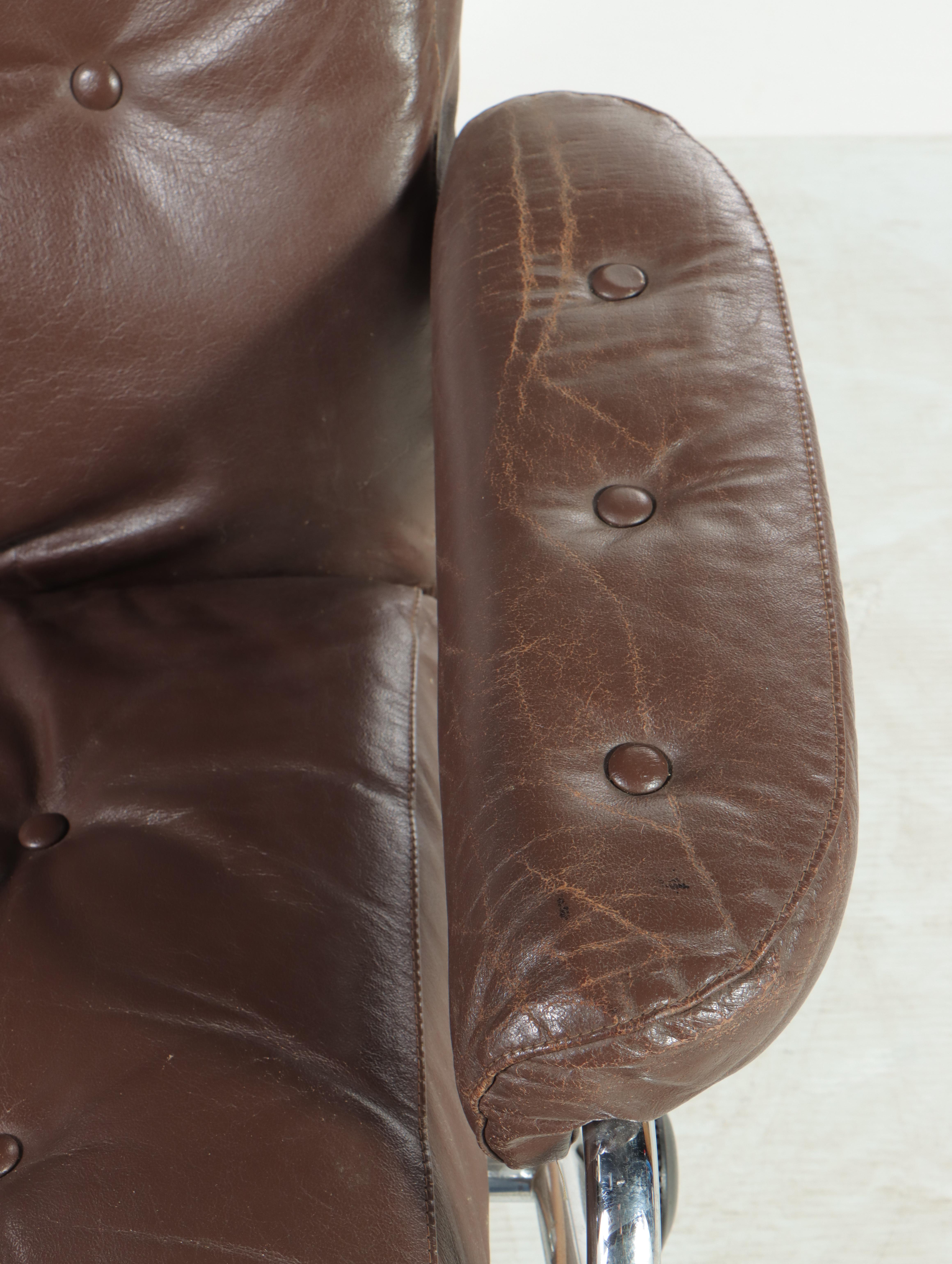 Modernist Chrome and Leather Lounge Chair and Ottoman, Manner of Ekornes, c 1970