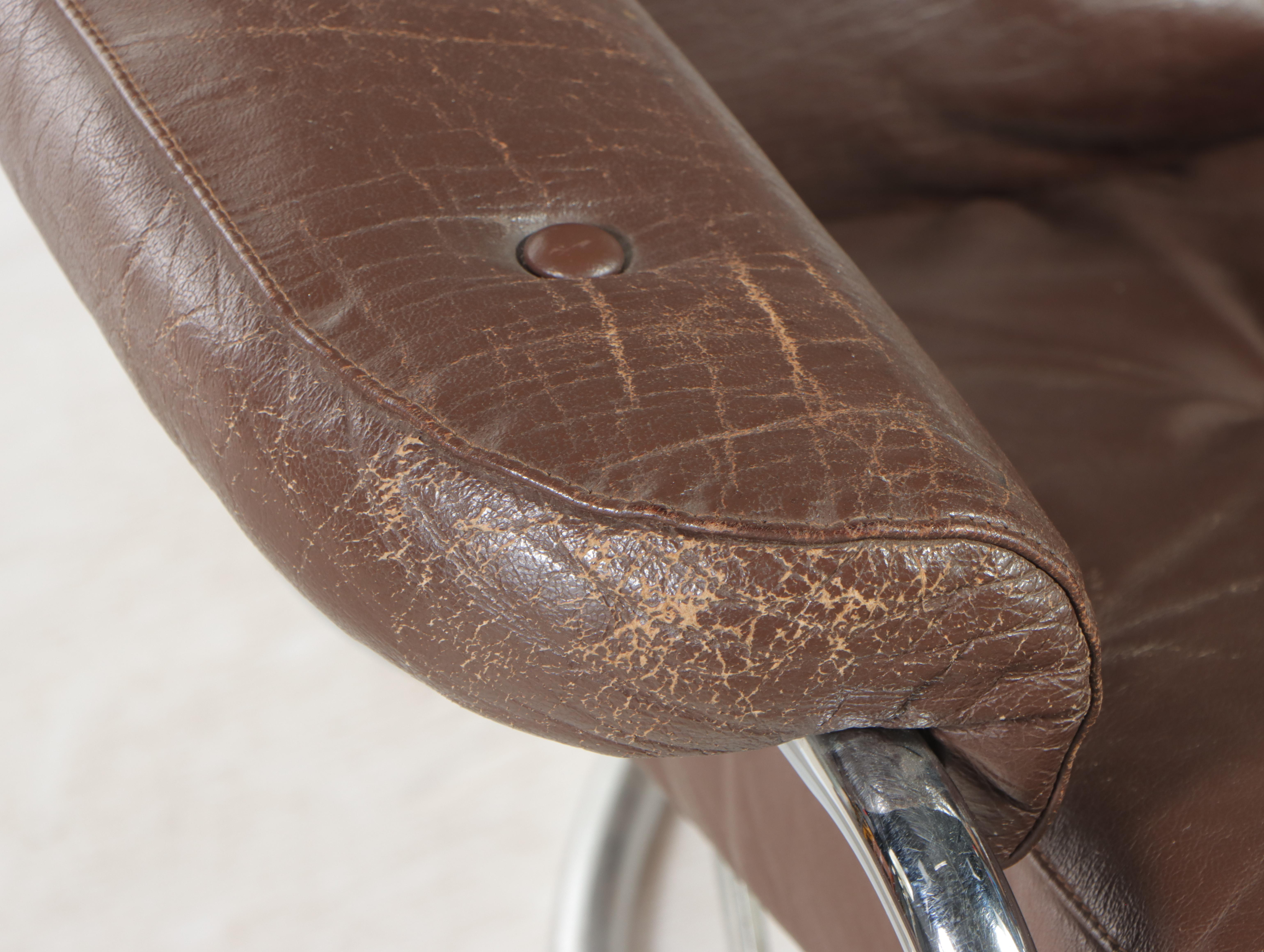 Modernist Chrome and Leather Lounge Chair and Ottoman, Manner of Ekornes, c 1970