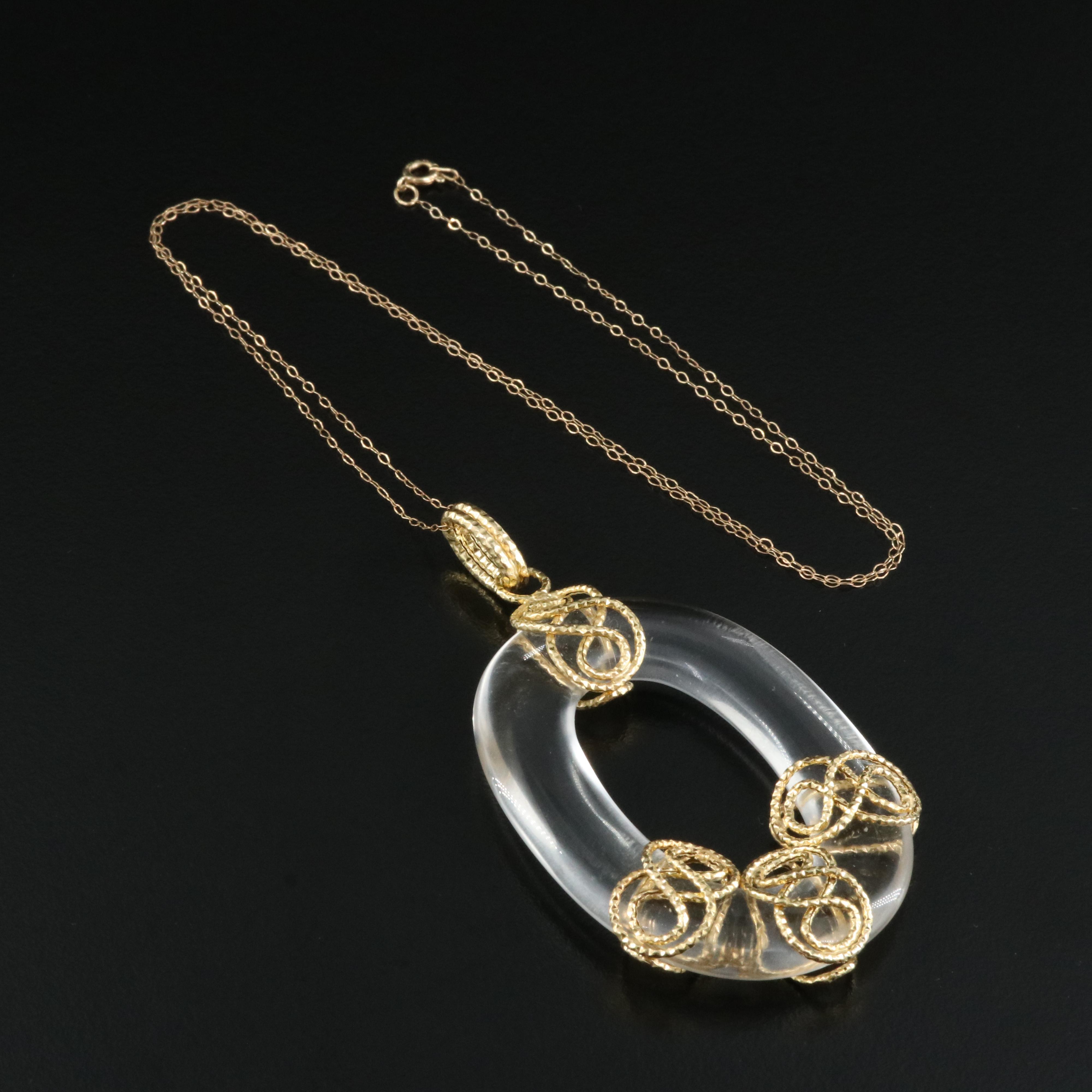Italian Milor 14K Rock Crystal Quartz Pendant on 10K Chain