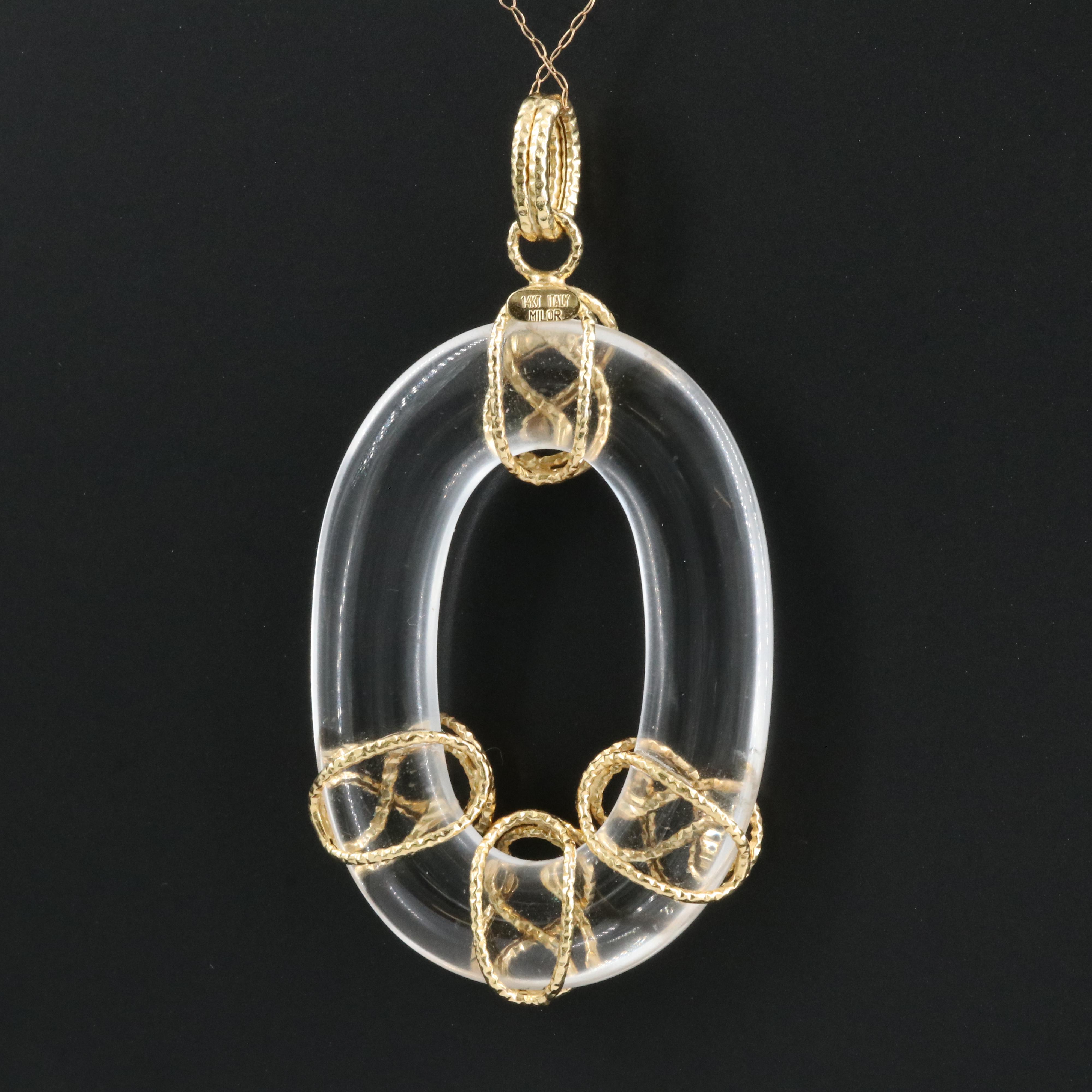 Italian Milor 14K Rock Crystal Quartz Pendant on 10K Chain