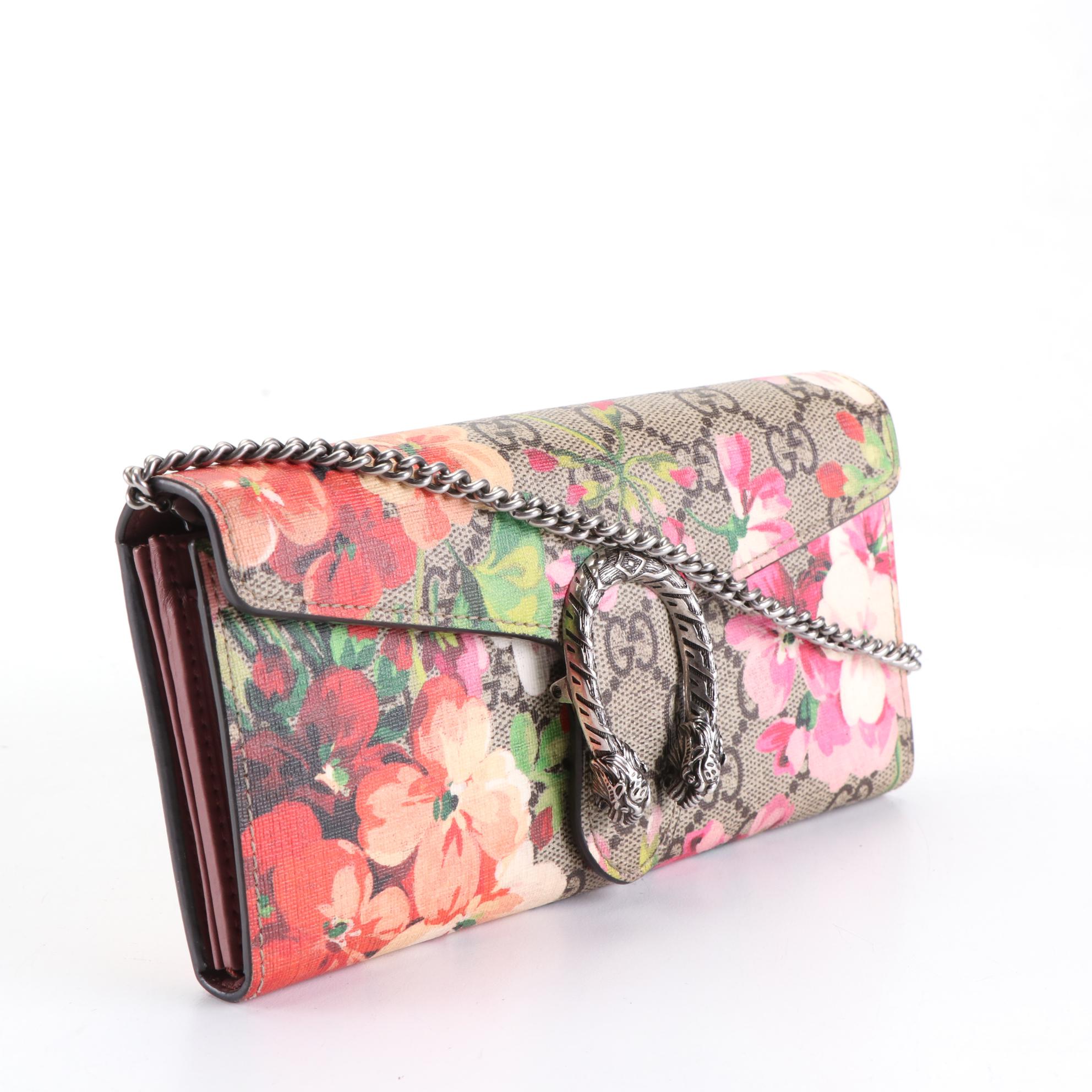 Gucci Dionysus Long Wallet in Blooms GG Supreme Coated Canvas with Chain Strap