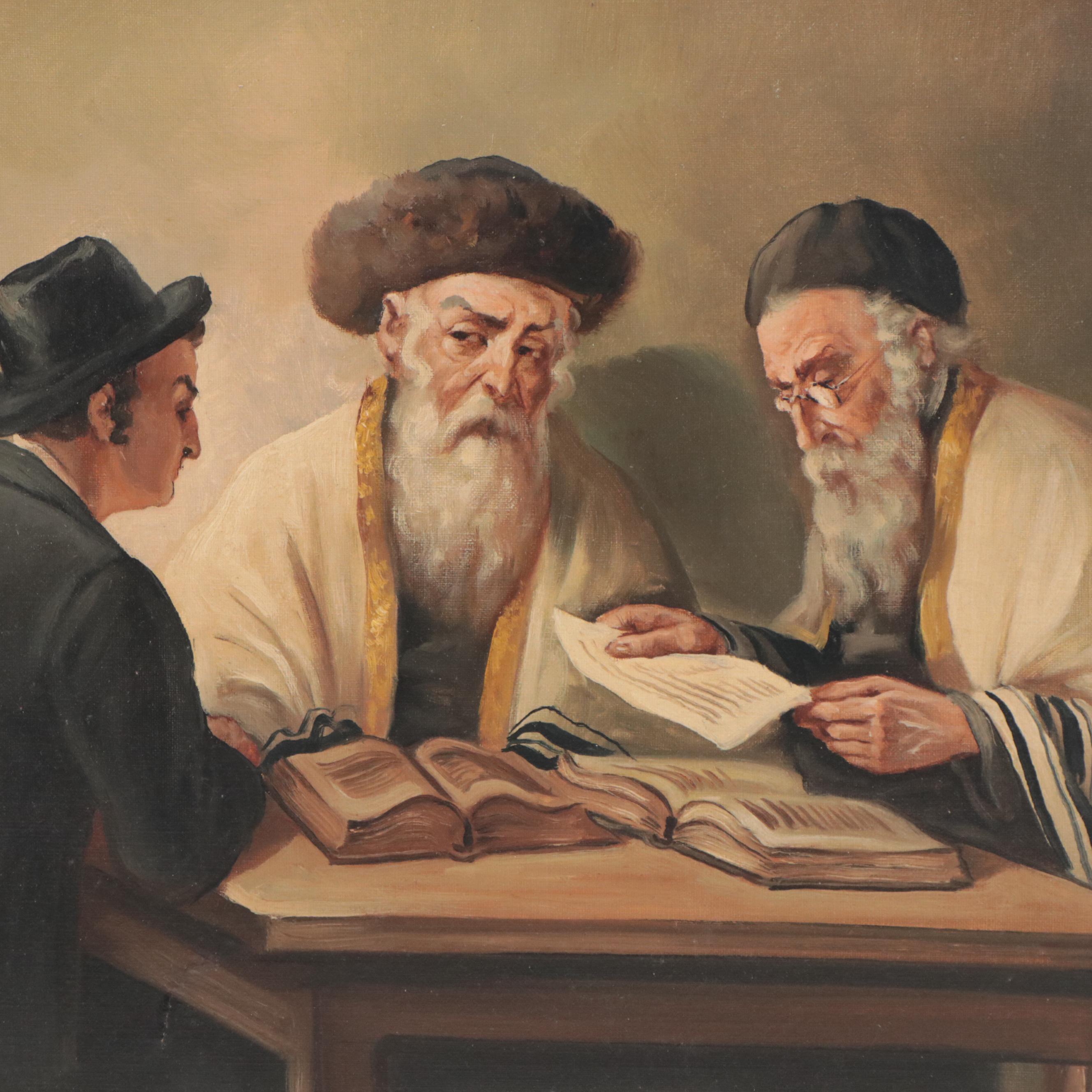 E. Kohner Oil Painting of Jewish Scholars, Late 20th Century