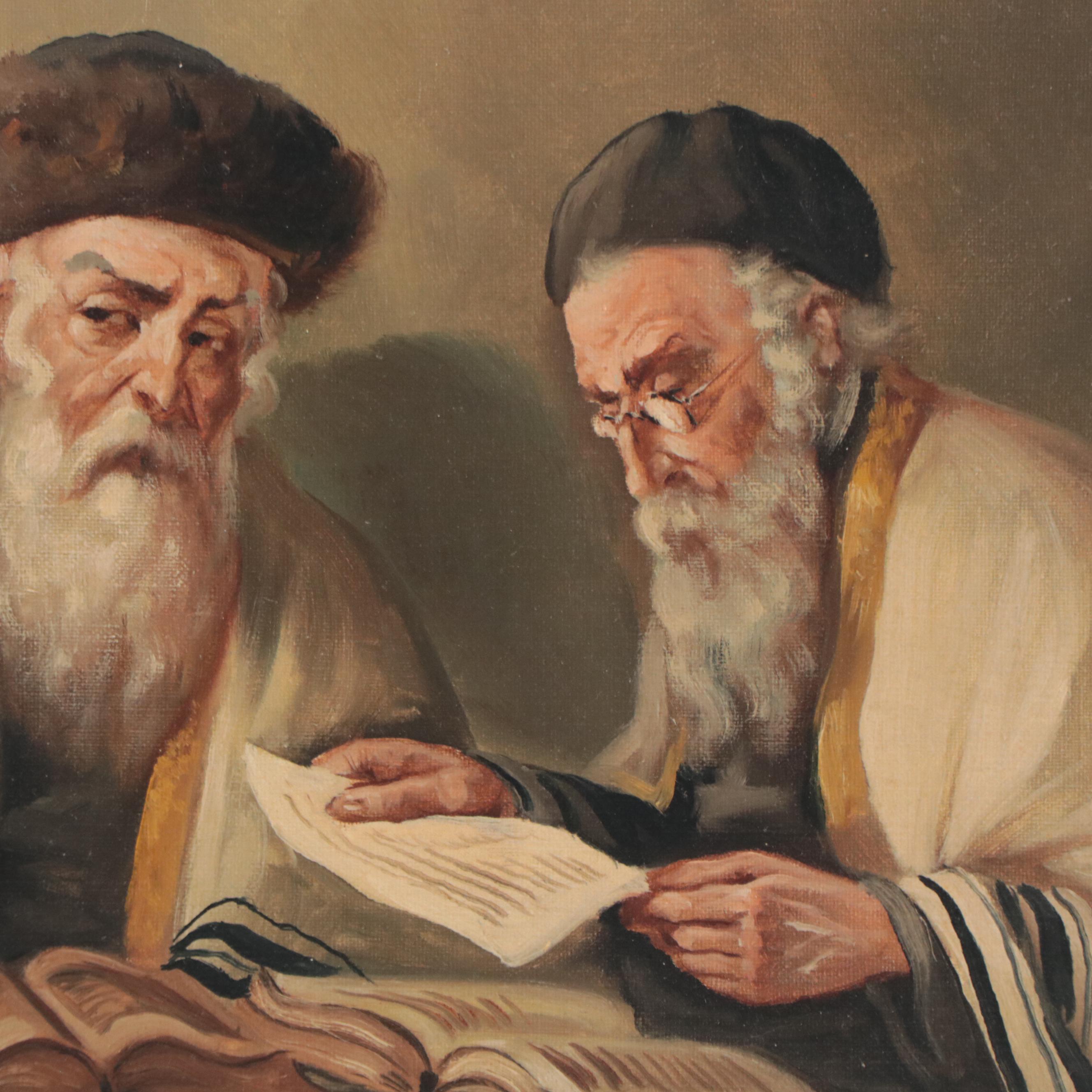 E. Kohner Oil Painting of Jewish Scholars, Late 20th Century