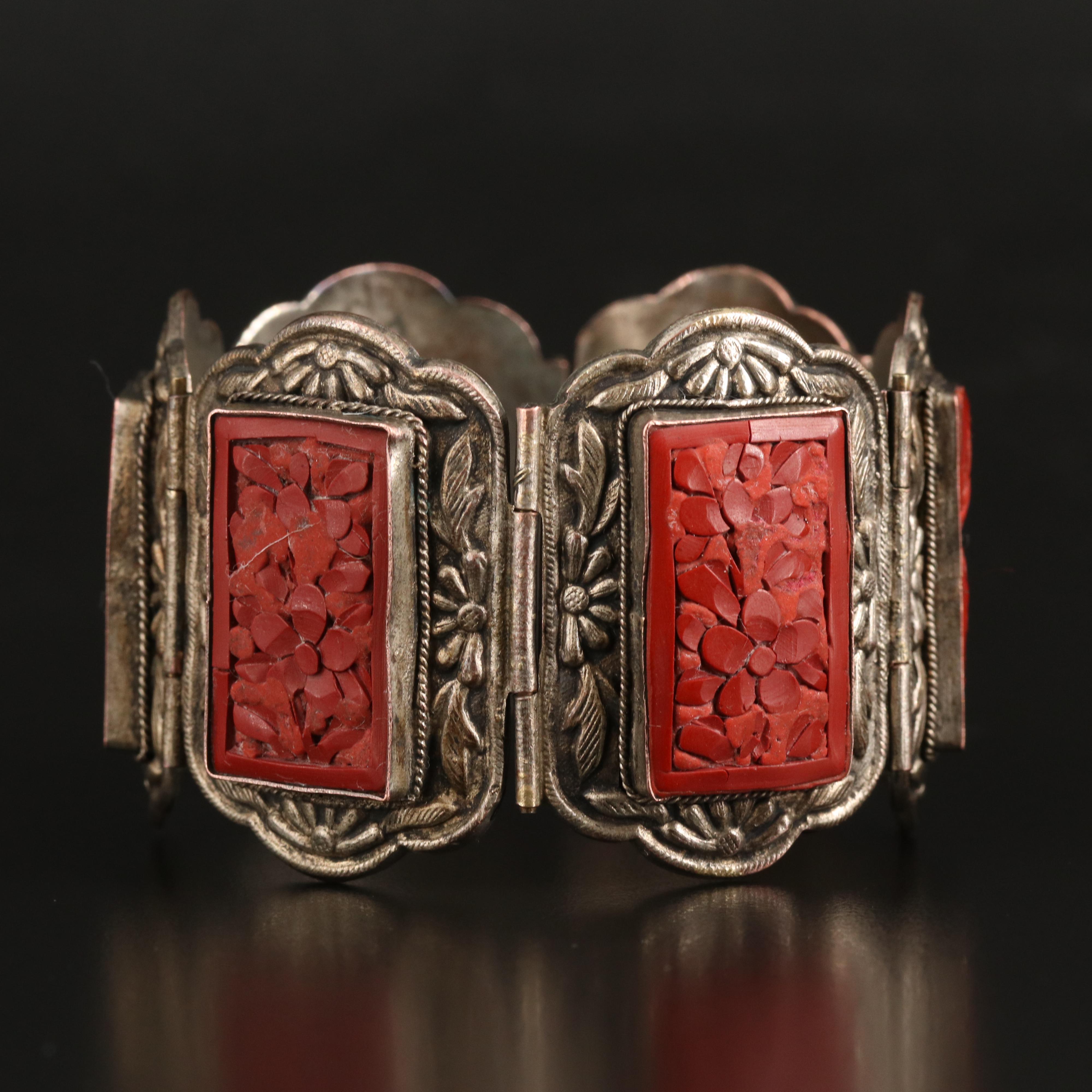 Carved Faux Cinnabar Floral Panel Bracelet