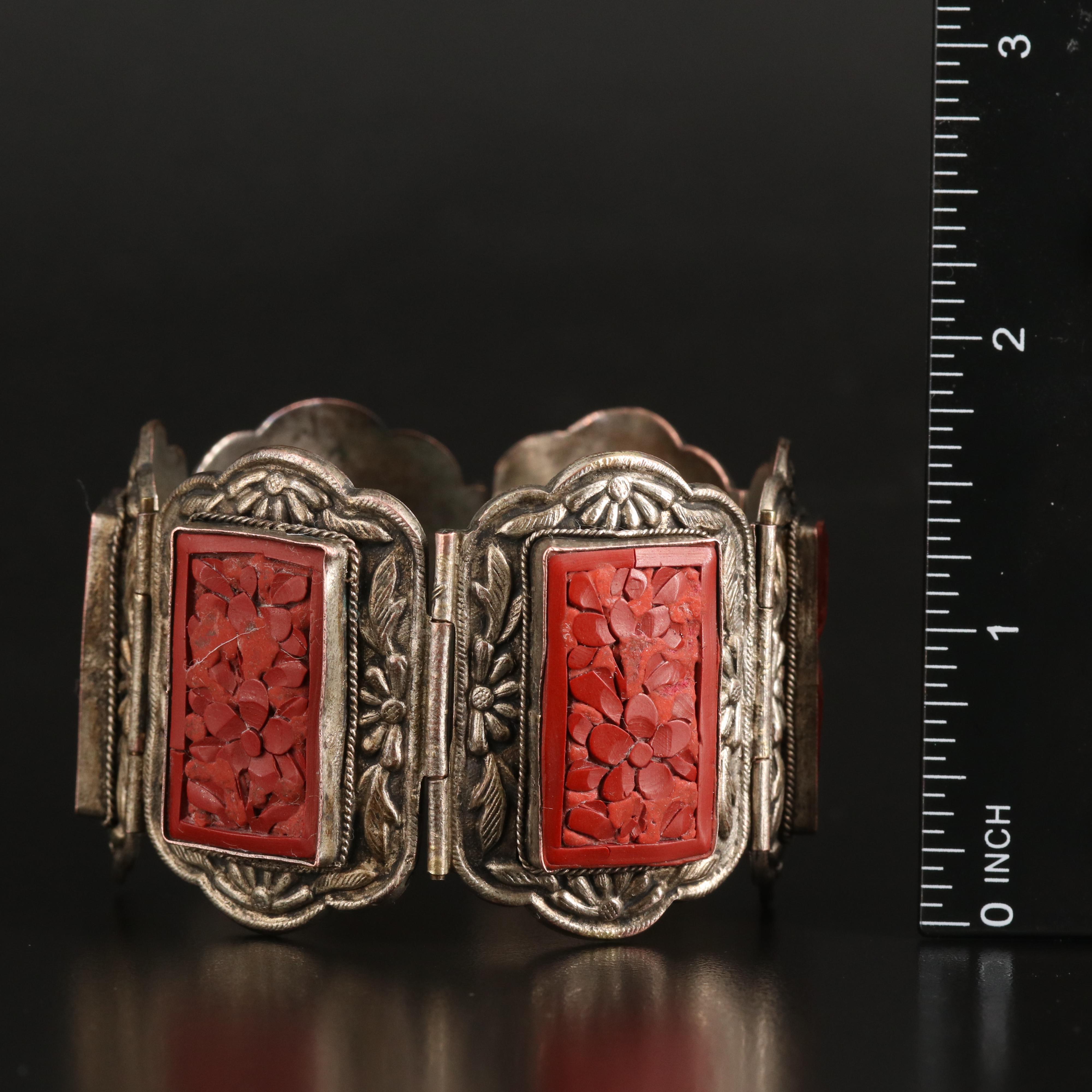 Carved Faux Cinnabar Floral Panel Bracelet