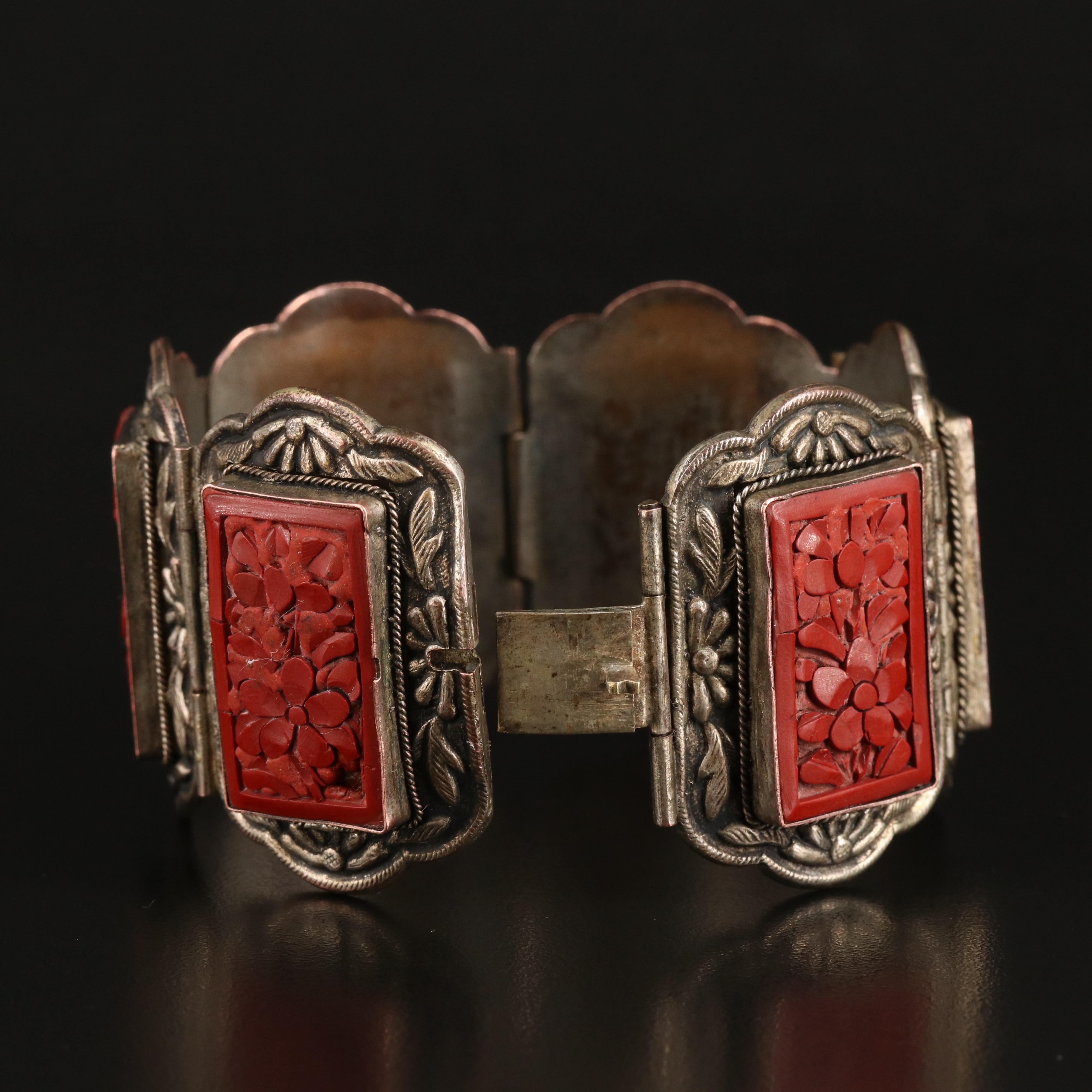 Carved Faux Cinnabar Floral Panel Bracelet
