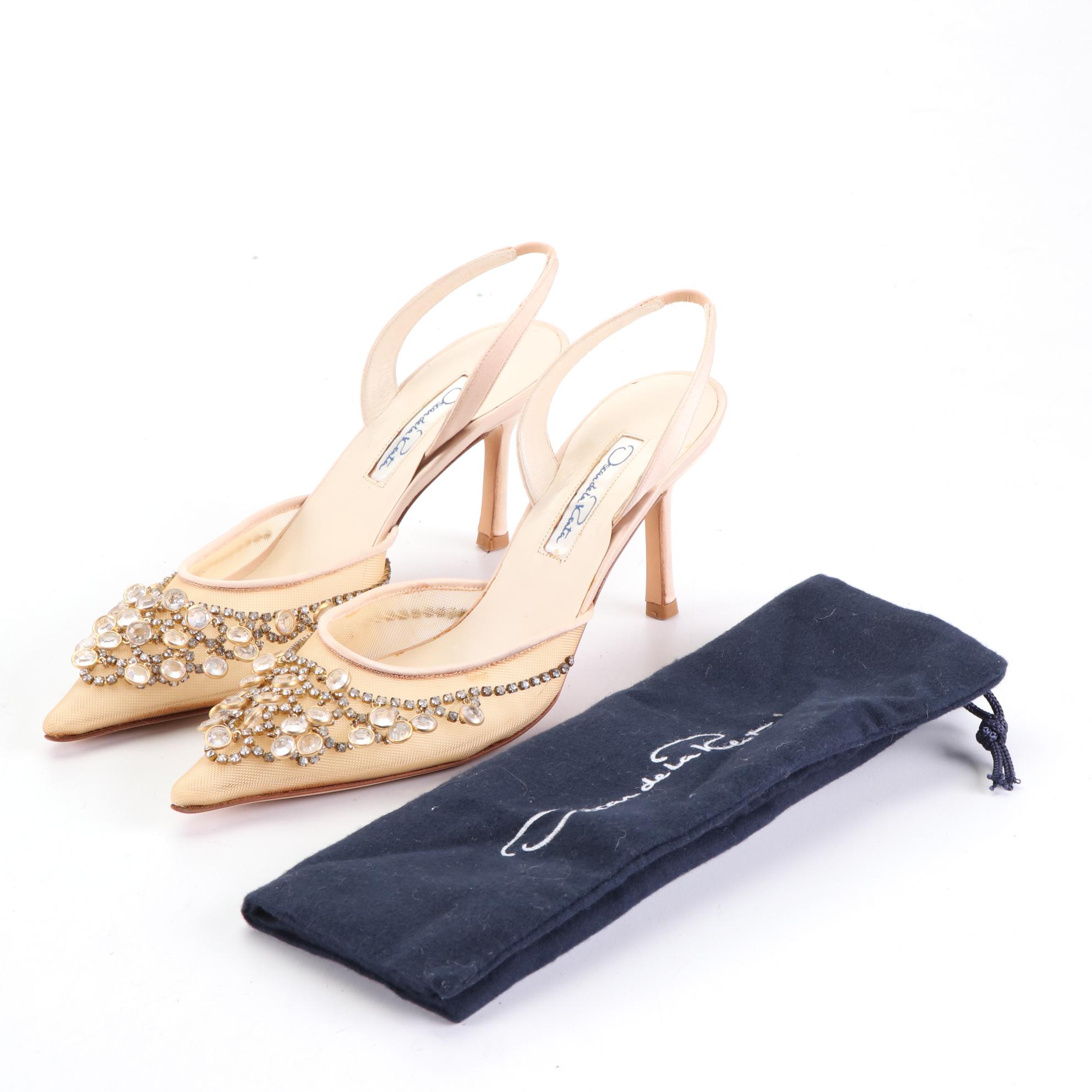 Oscar De La Renta Pointed-Toe Slingbacks in Mesh with Crystal Embellishment