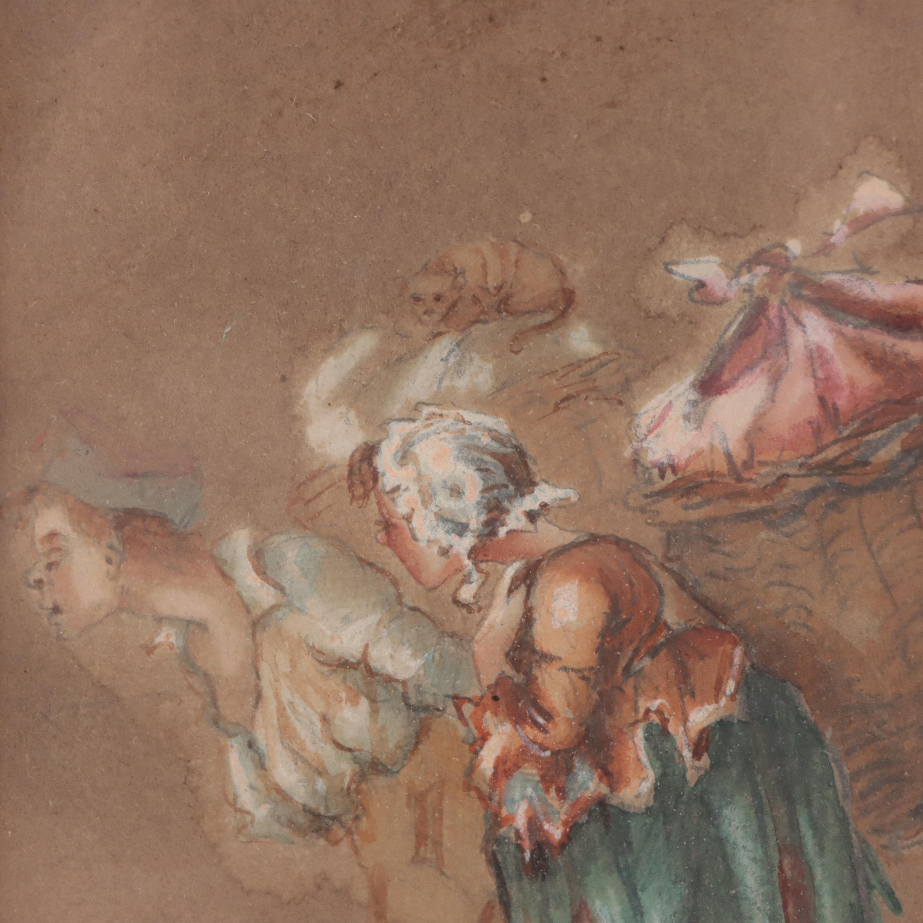 Watercolor Painting of Figures Carrying Packs