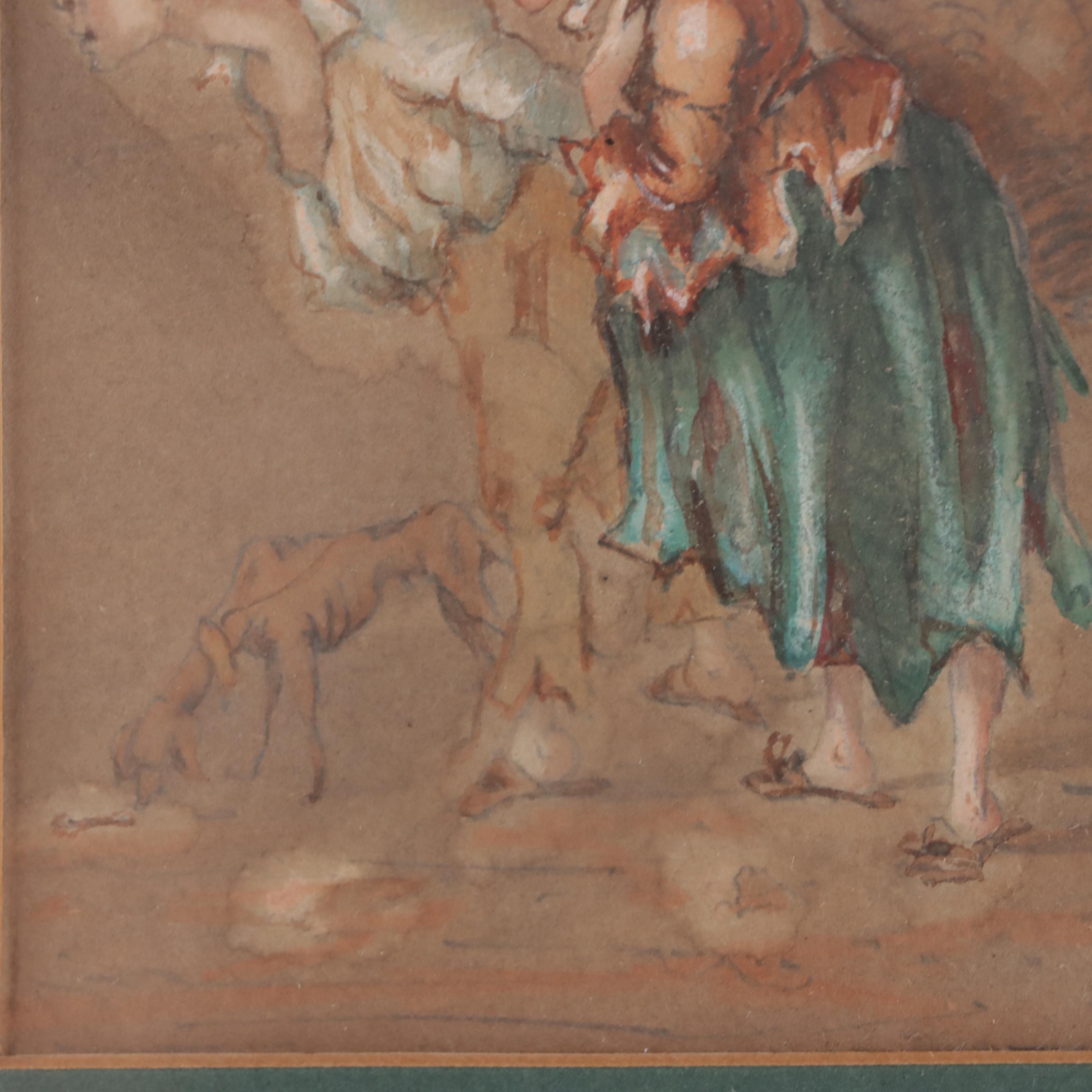 Watercolor Painting of Figures Carrying Packs