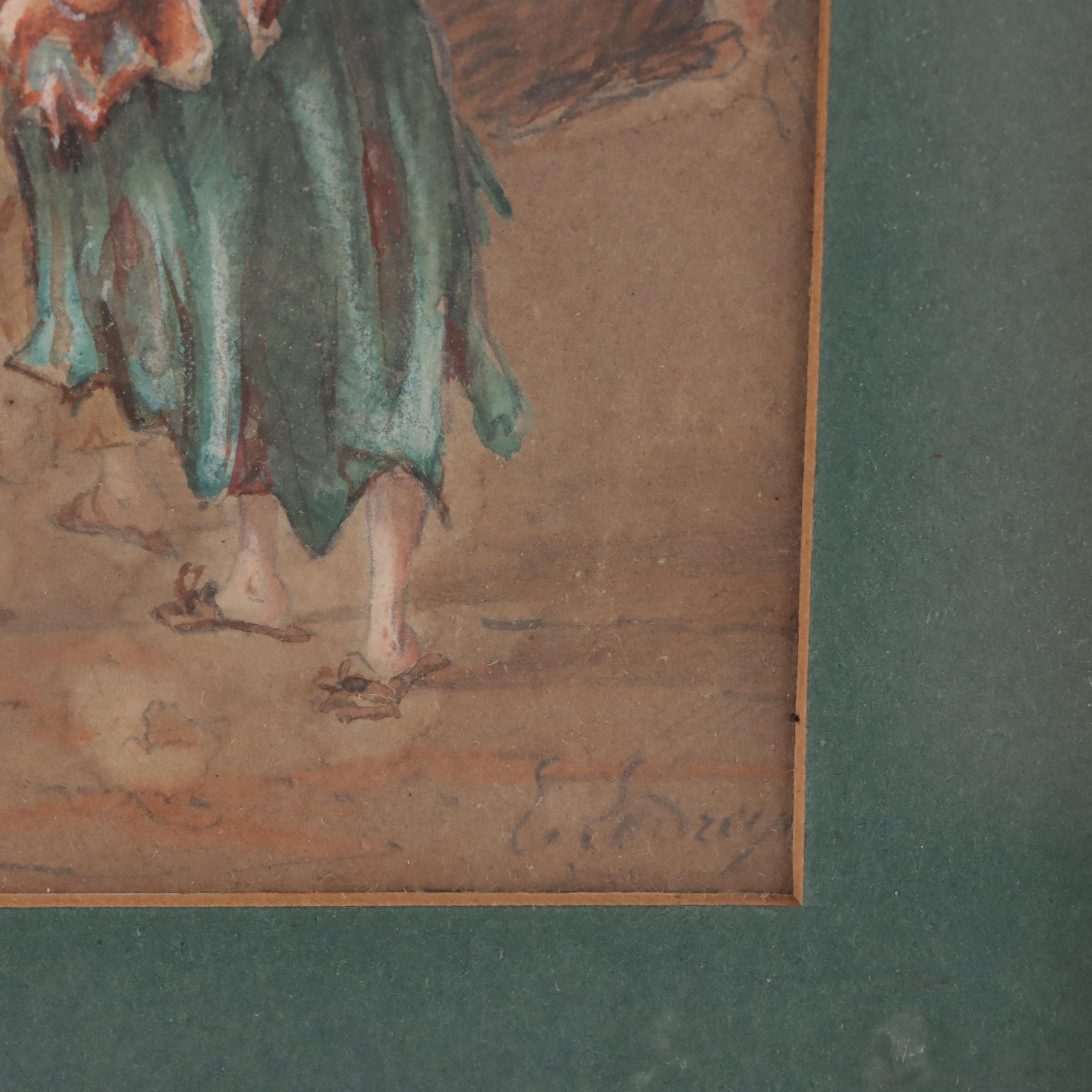 Watercolor Painting of Figures Carrying Packs