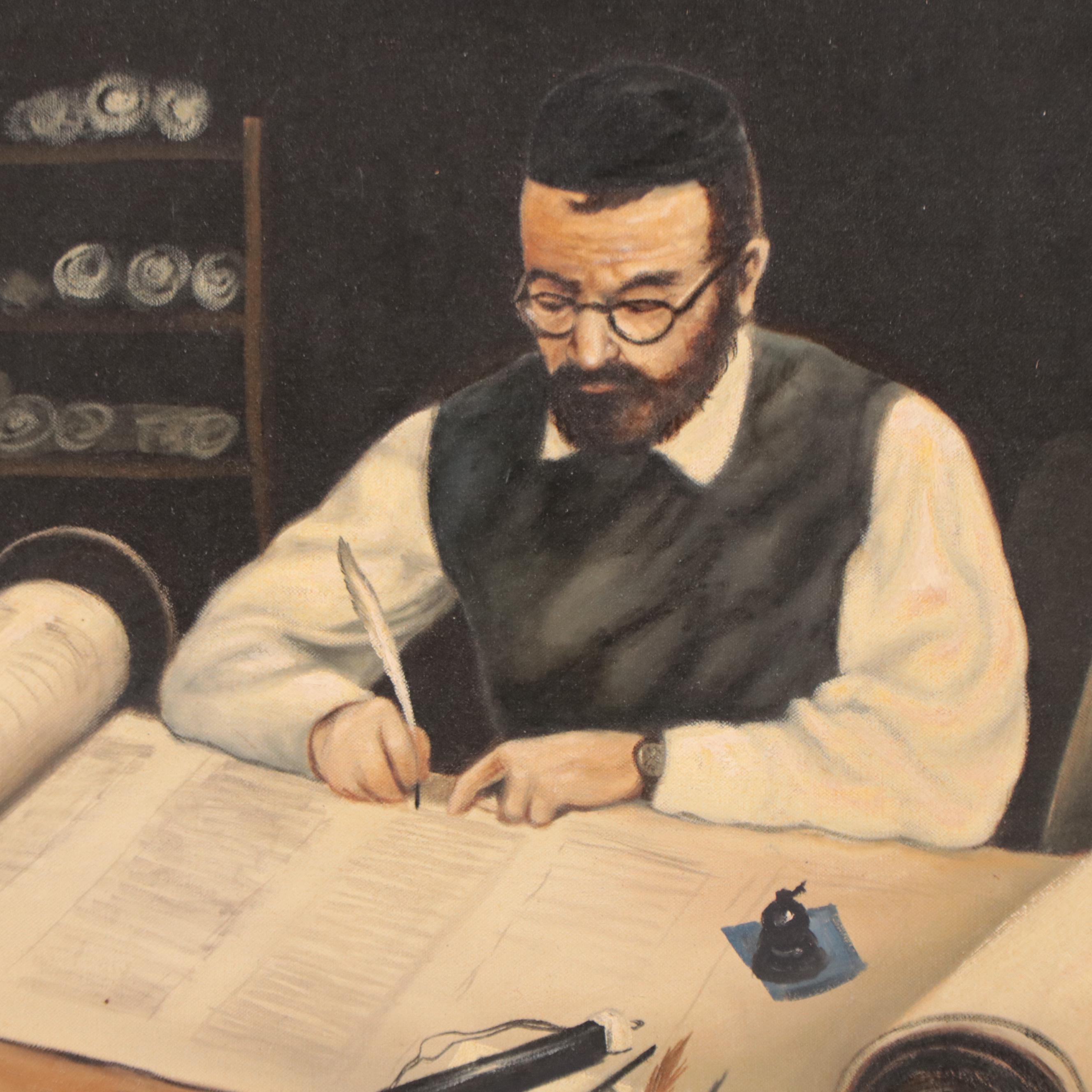 Dov Naniah Figural Oil Painting of a Sofer, Late 20th Century