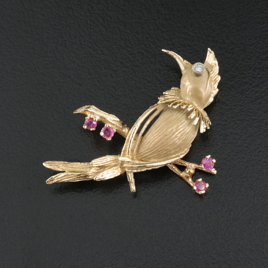 14K 0.02 CT and Ruby Bird Brooch