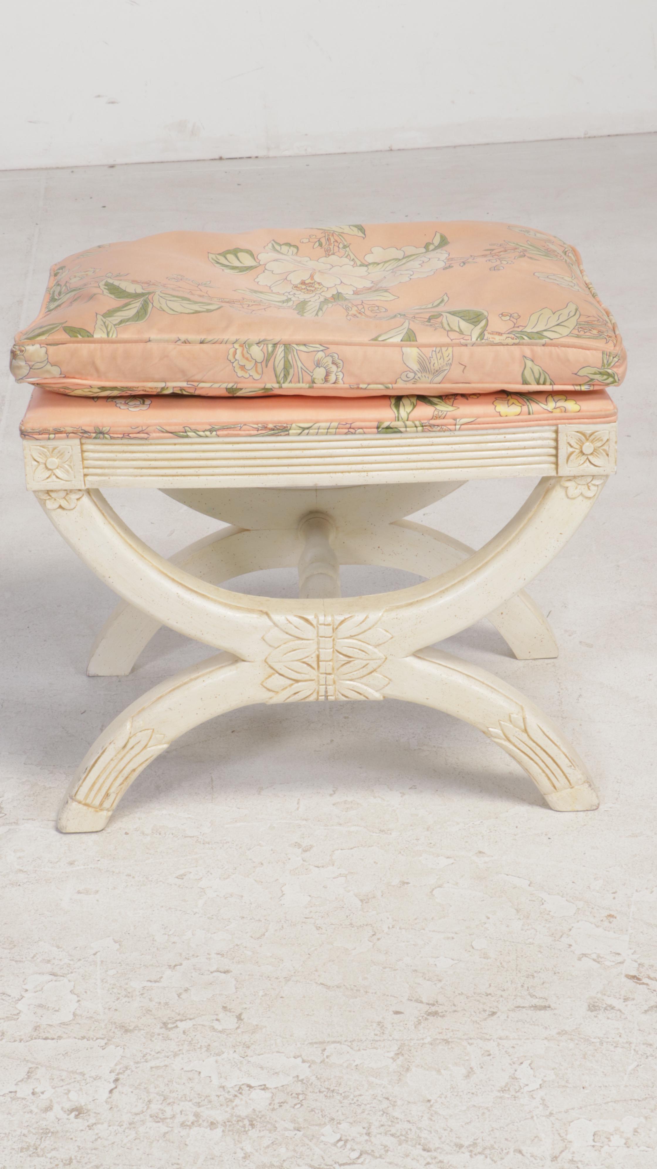 Louis XVI Style Cream-Painted and Custom-Upholstered Curule-Form Stool