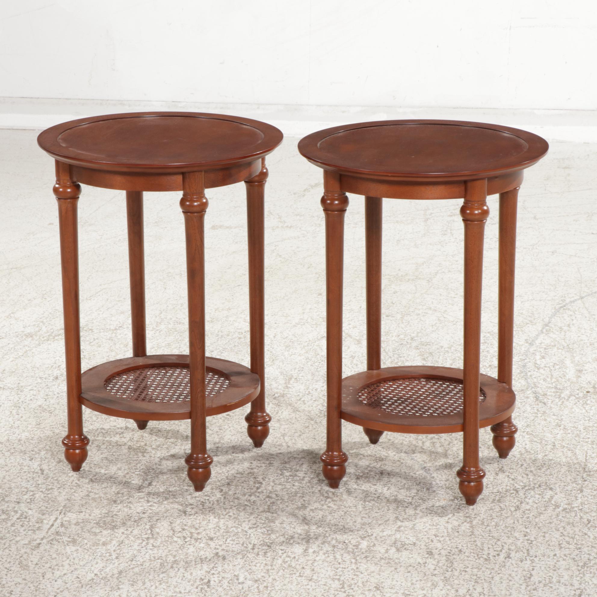 Pair of Contemporary Round Wood Side Tables With Cane Shelves