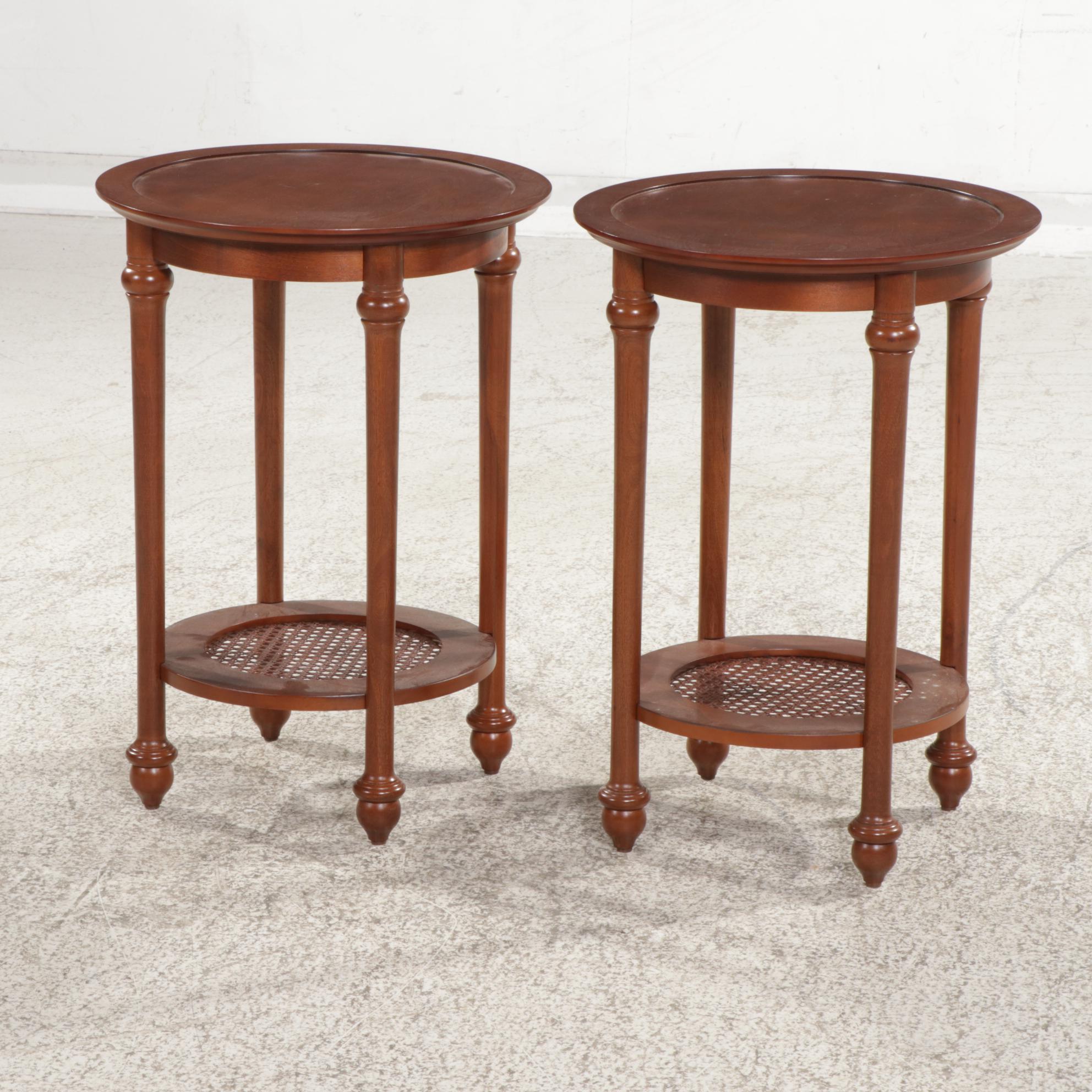 Pair of Contemporary Round Wood Side Tables With Cane Shelves