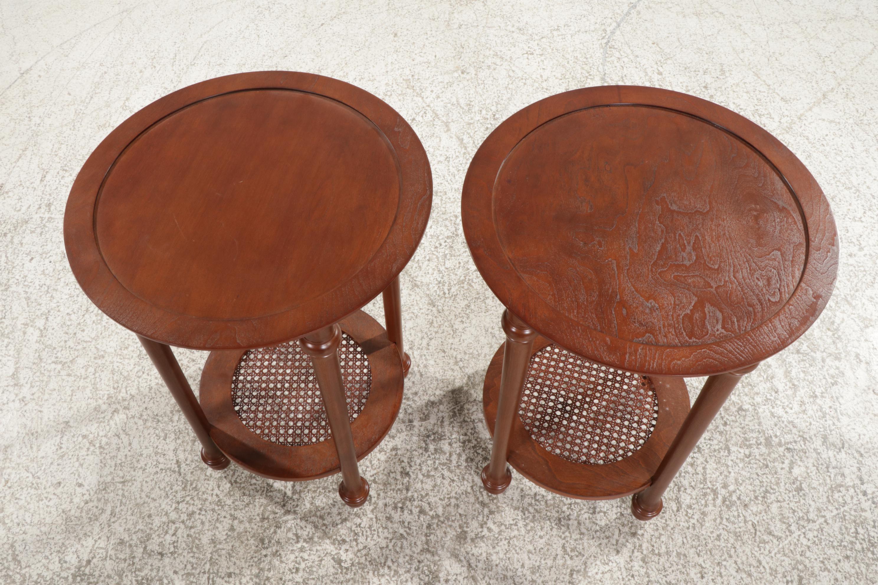 Pair of Contemporary Round Wood Side Tables With Cane Shelves