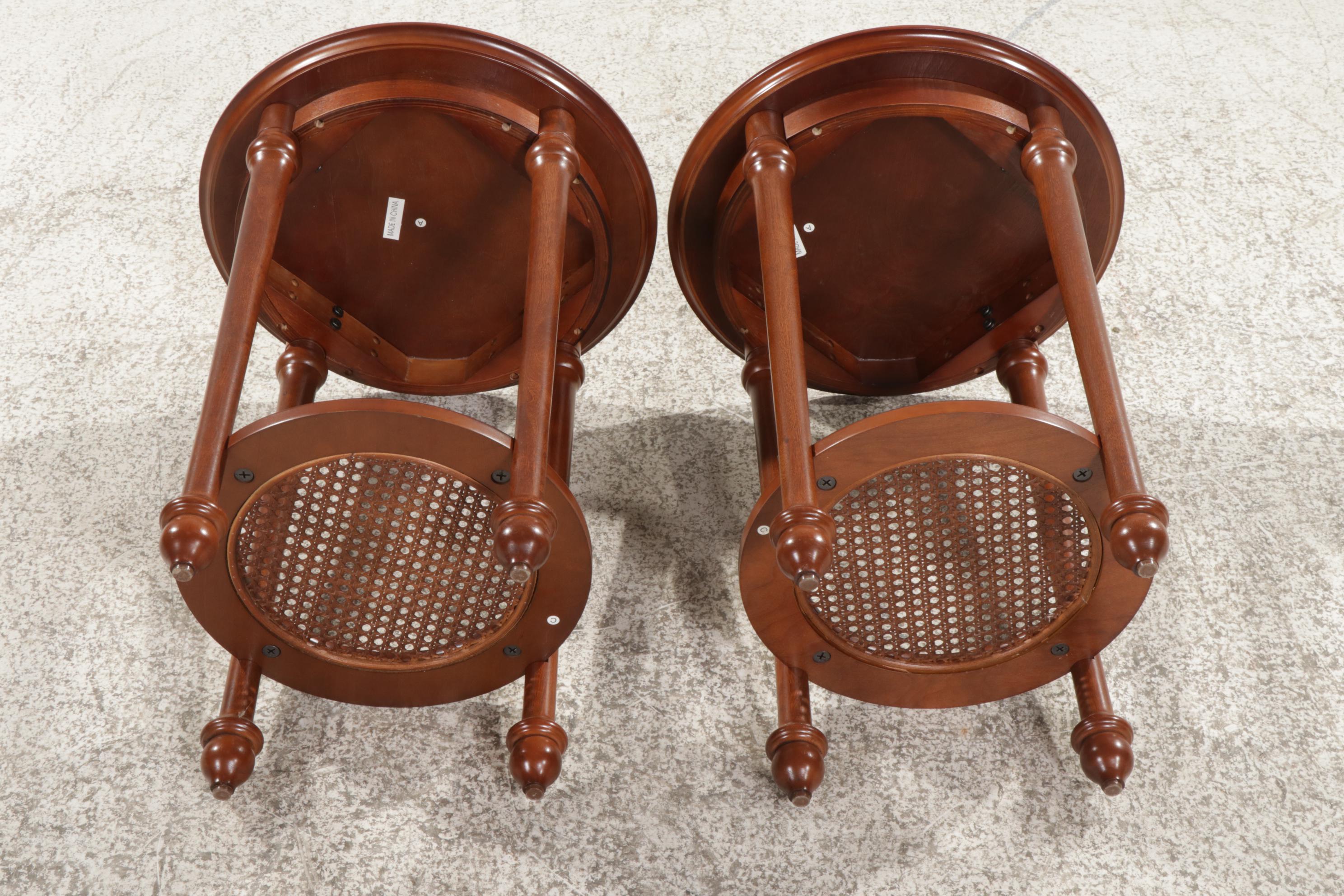 Pair of Contemporary Round Wood Side Tables With Cane Shelves