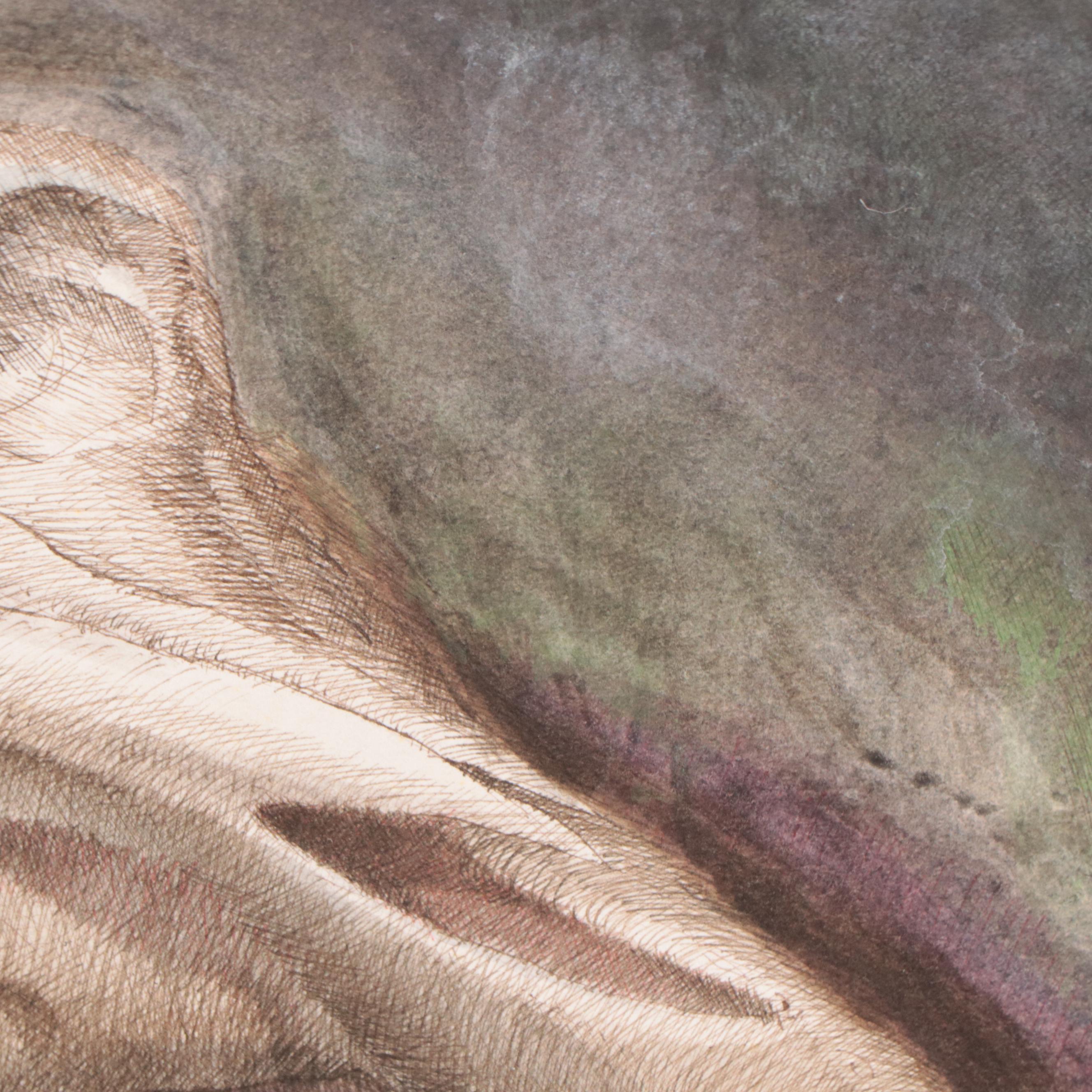 Antonio Lazo Watercolor and Ink Drawing "Skull," 1978