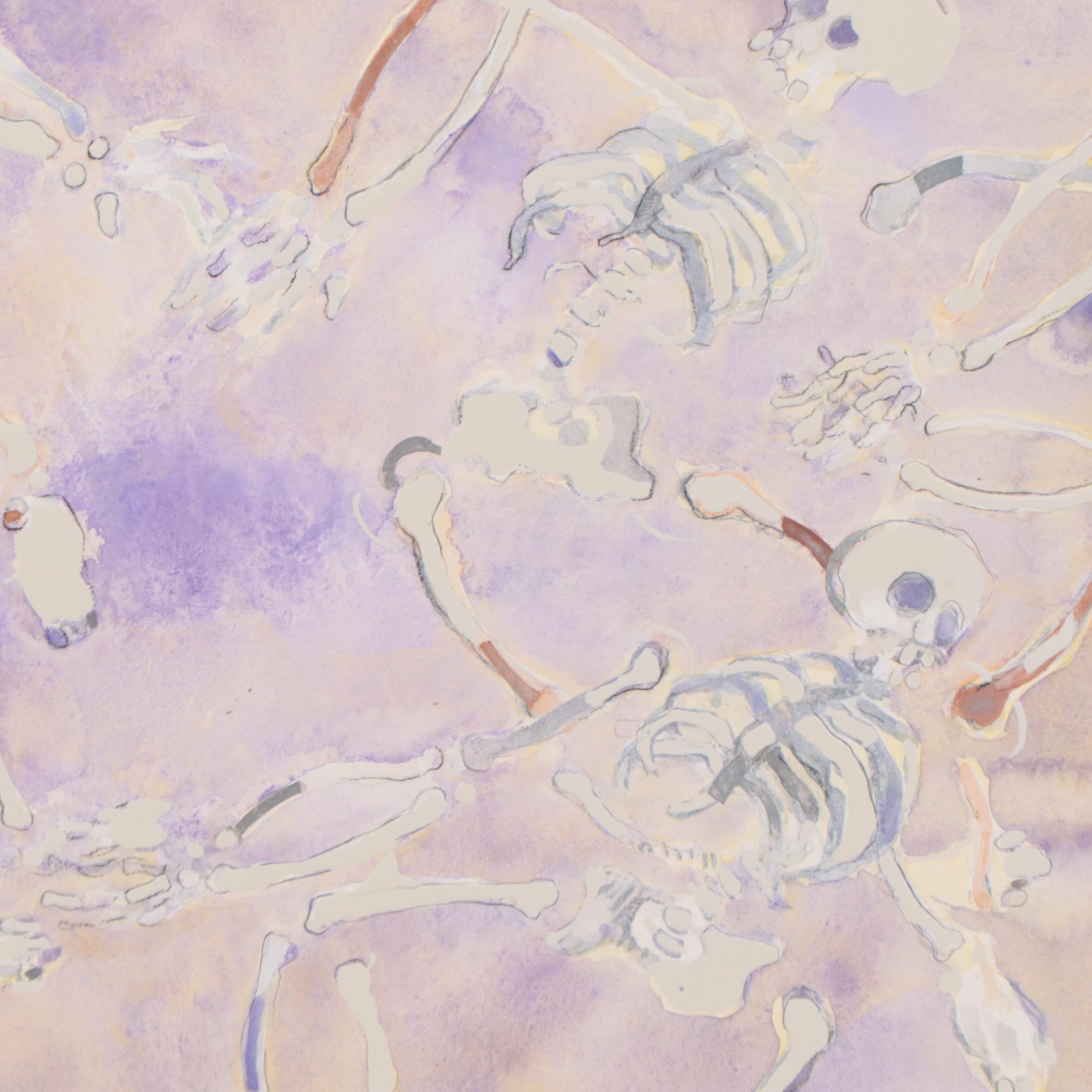 Walter Sorge Watercolor Painting of Skeletons, Circa 1980