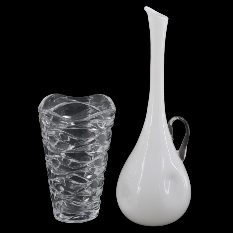 Italian Hand Blown Cased Dimpled Glass Pitcher with Cristal D'Arques-Durand Vase