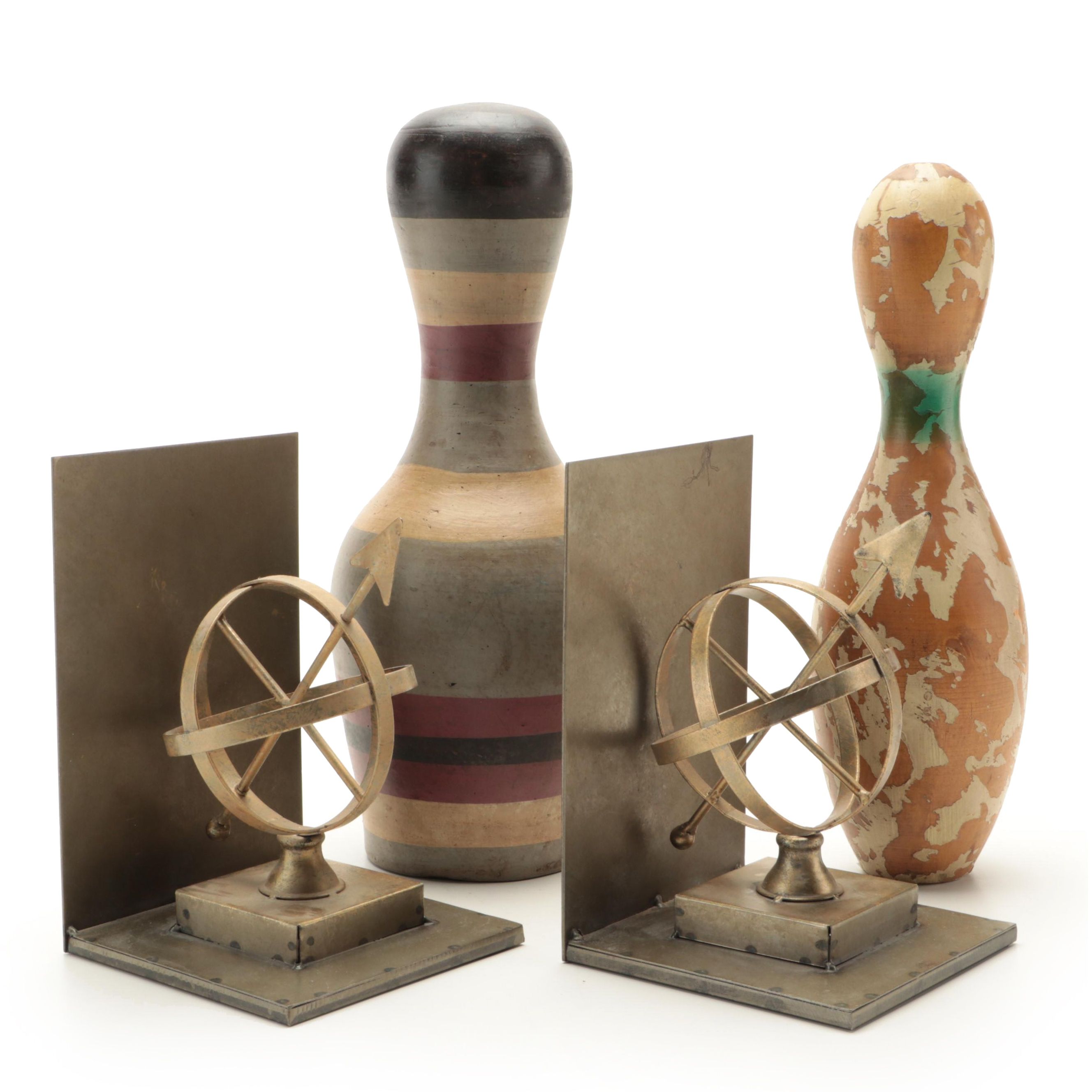 Metal Armillary Sphere Bookends with Decorative Bowling Pins
