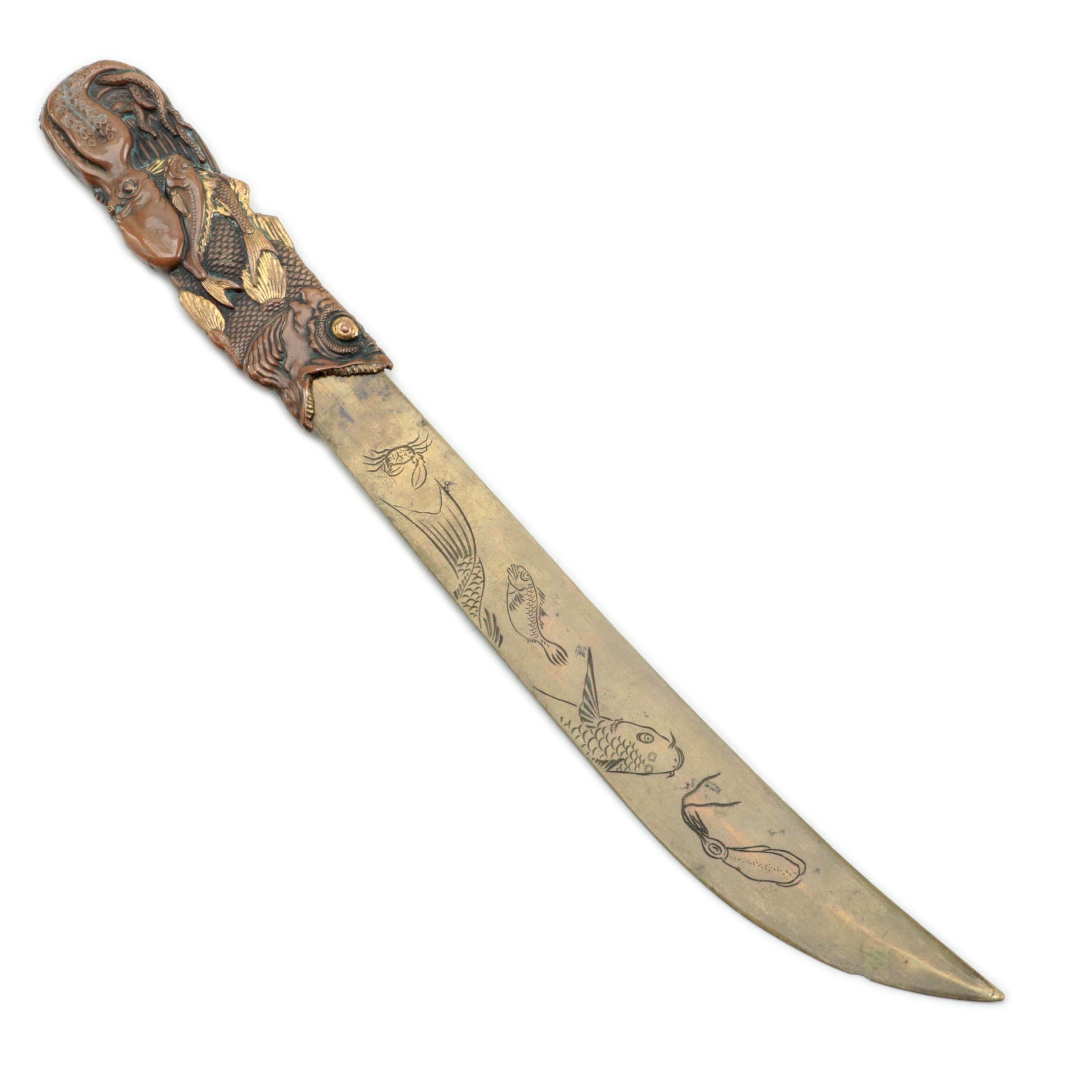 Japanese Sea Life Motif Mixed Metal Letter Opener, Early 20th Century