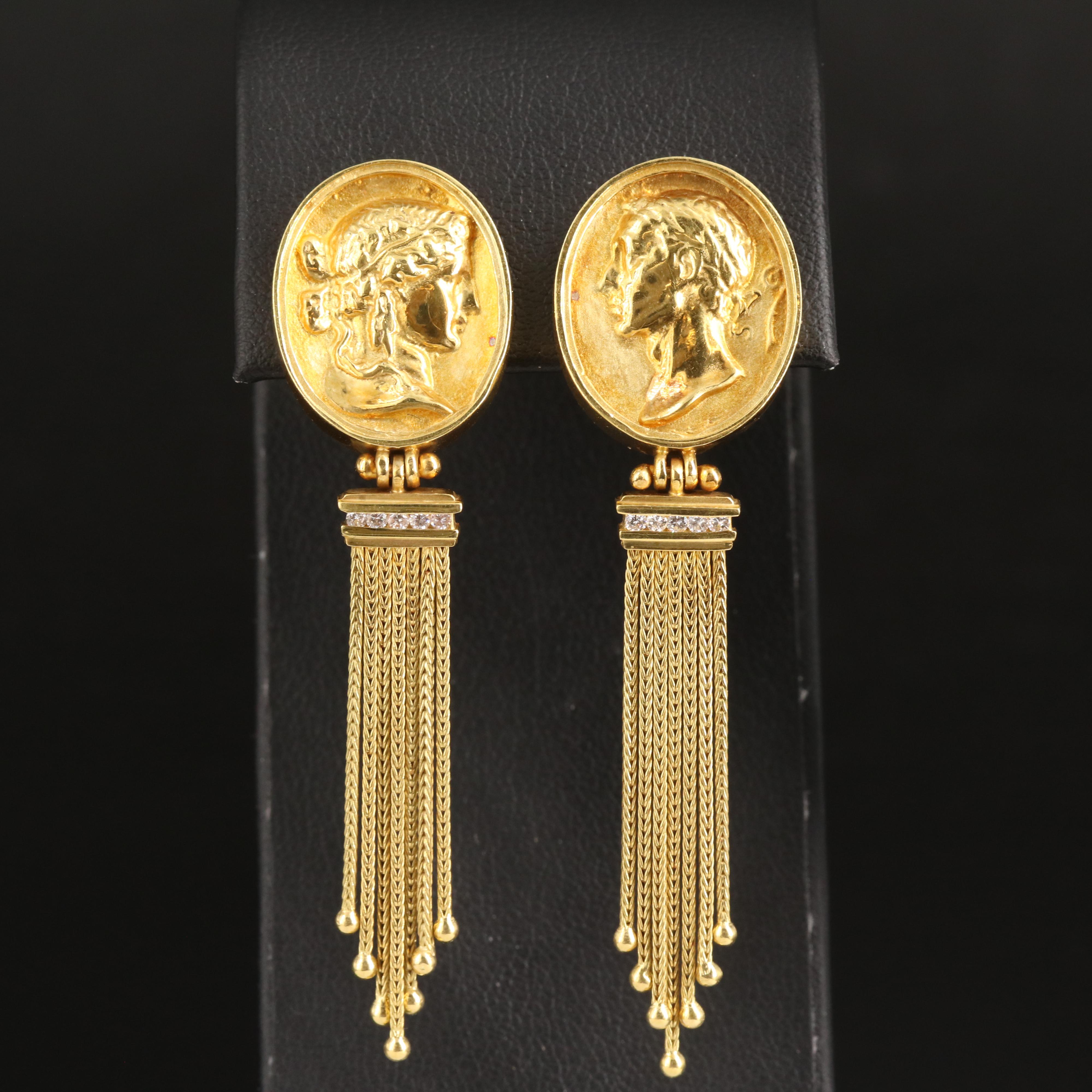 SeidenGang 18K 0.15 CTW Diamond Cameo Earrings with Foxtail Tassels