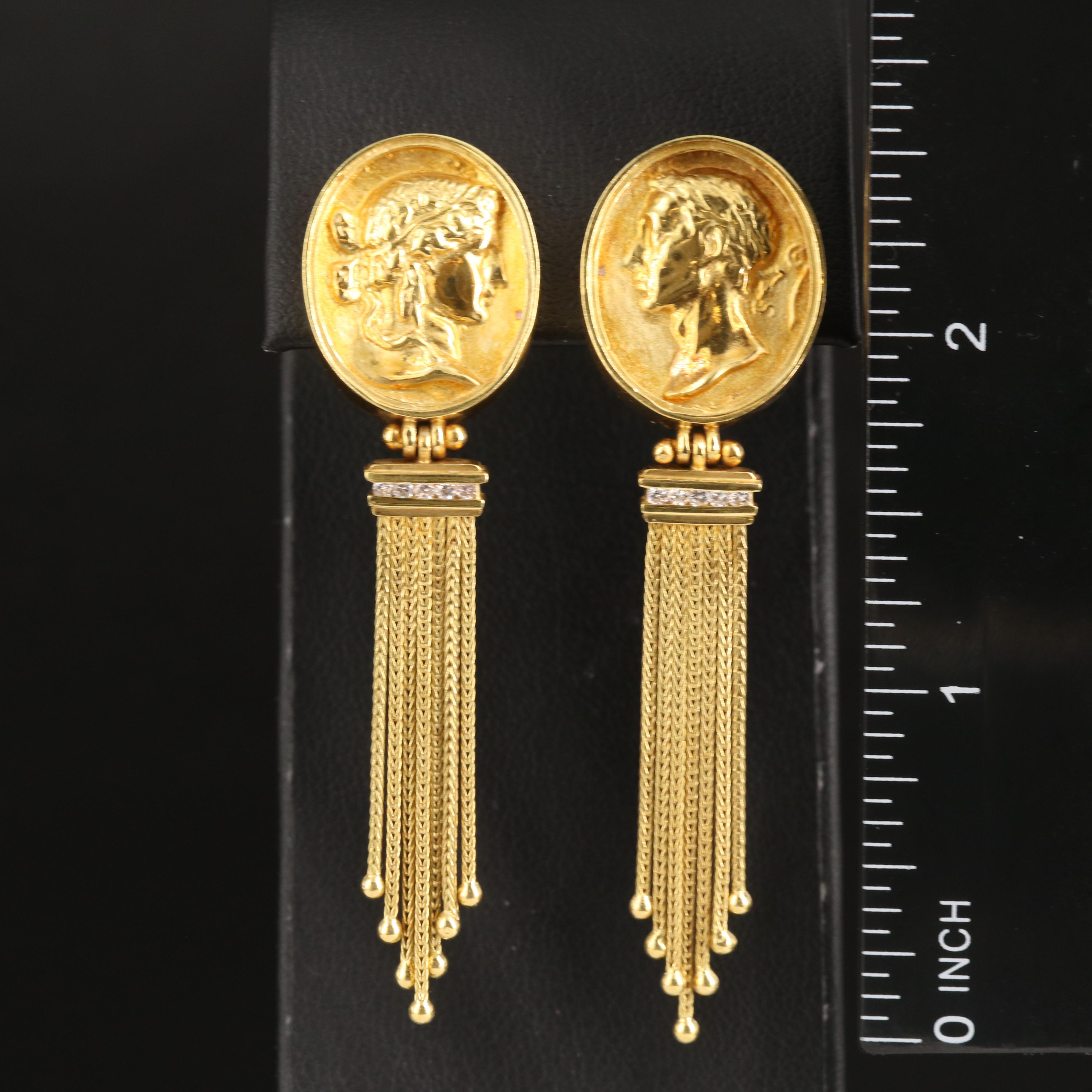 SeidenGang 18K 0.15 CTW Diamond Cameo Earrings with Foxtail Tassels
