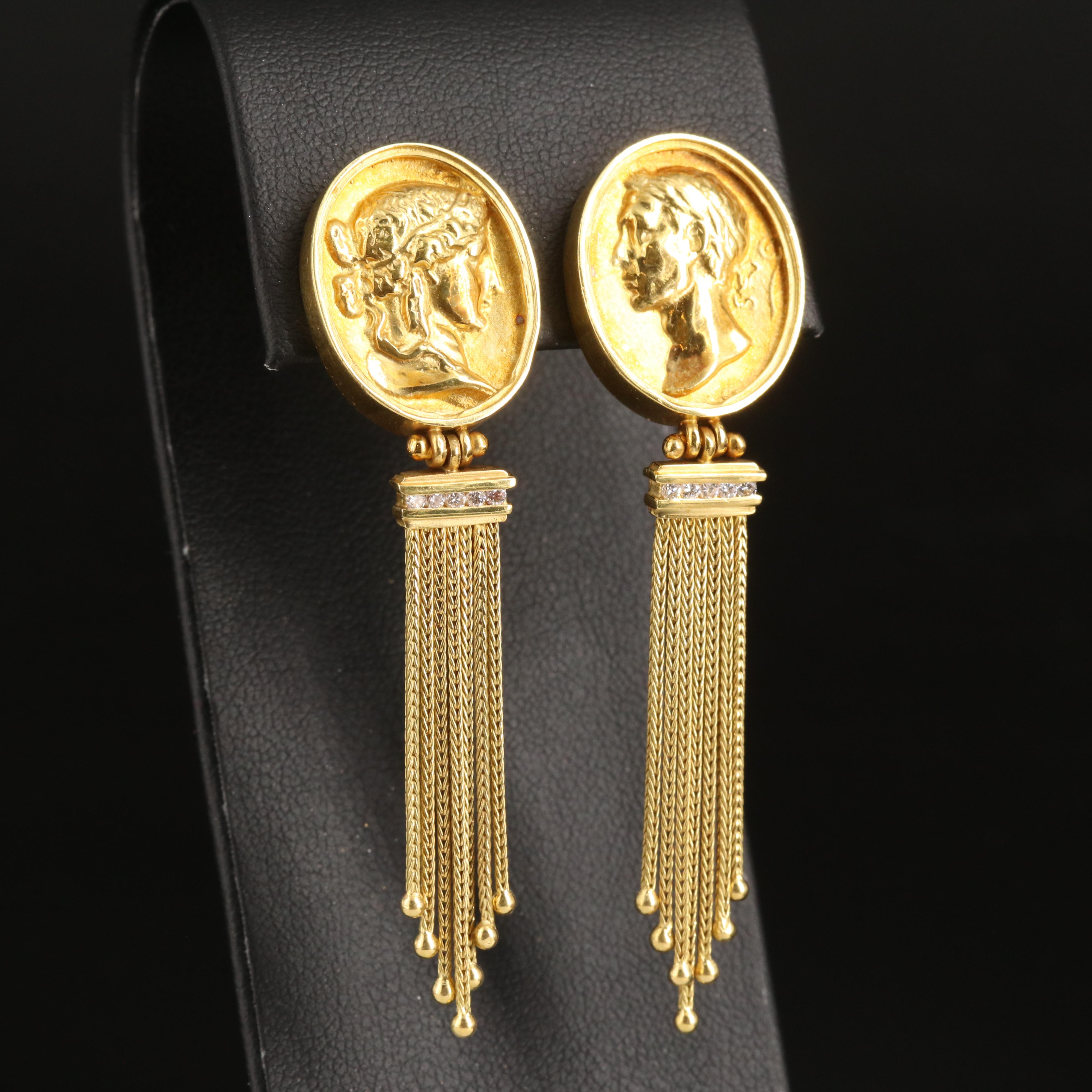 SeidenGang 18K 0.15 CTW Diamond Cameo Earrings with Foxtail Tassels