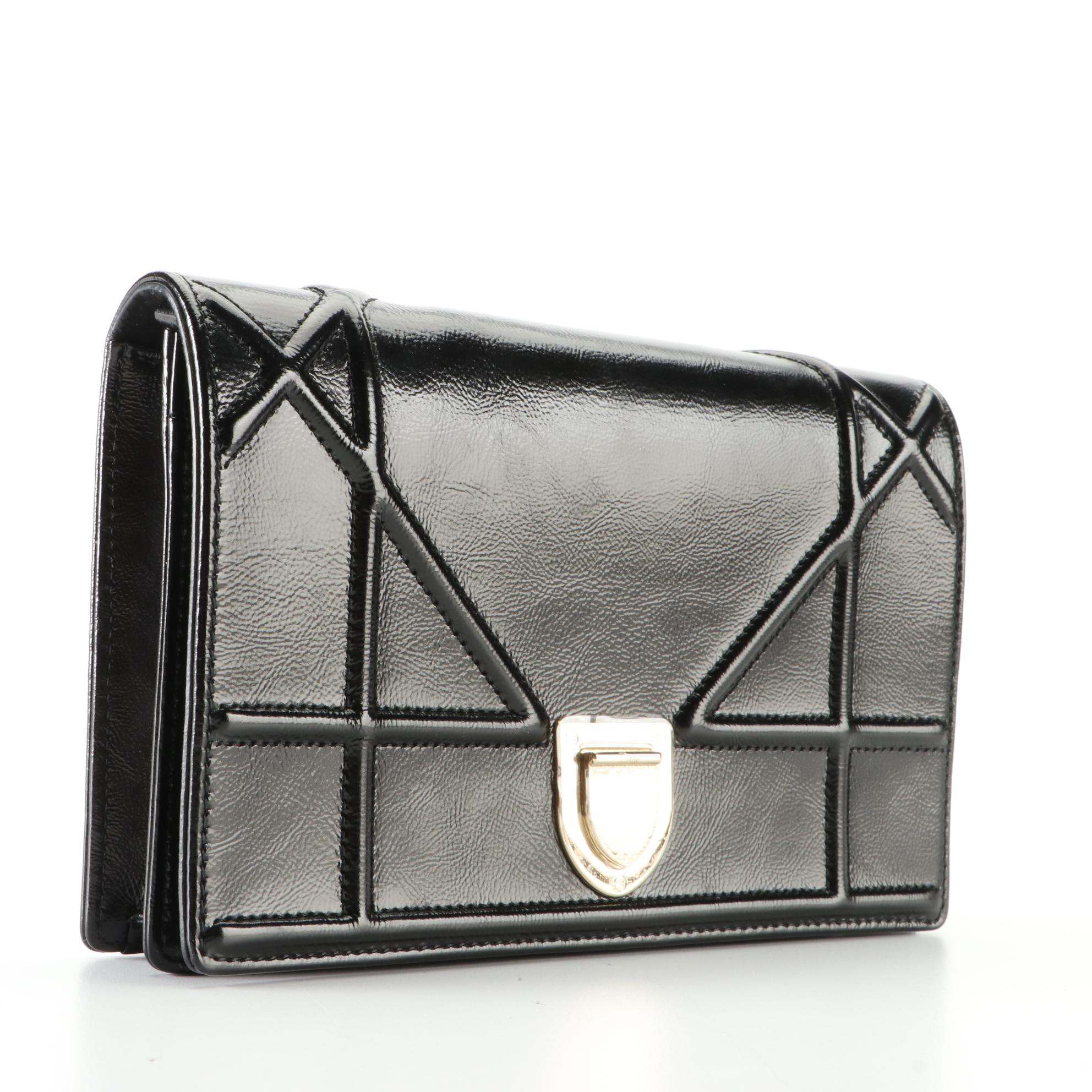 Christian Dior Diorama Wallet on Chain in Black Textured Patent Leather
