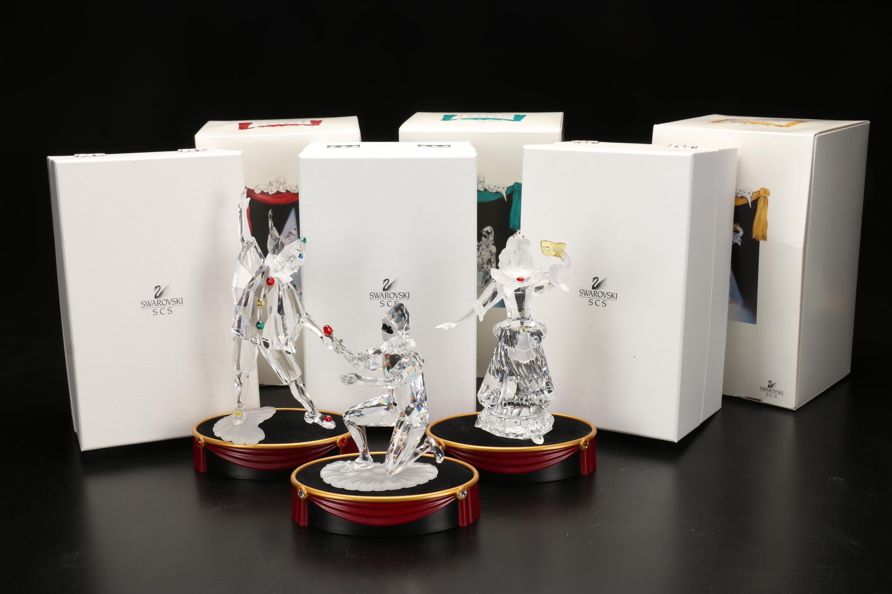Swarovski Masquerade "Pierrot," "Columbine," and "Harlequin" Crystal Figurines