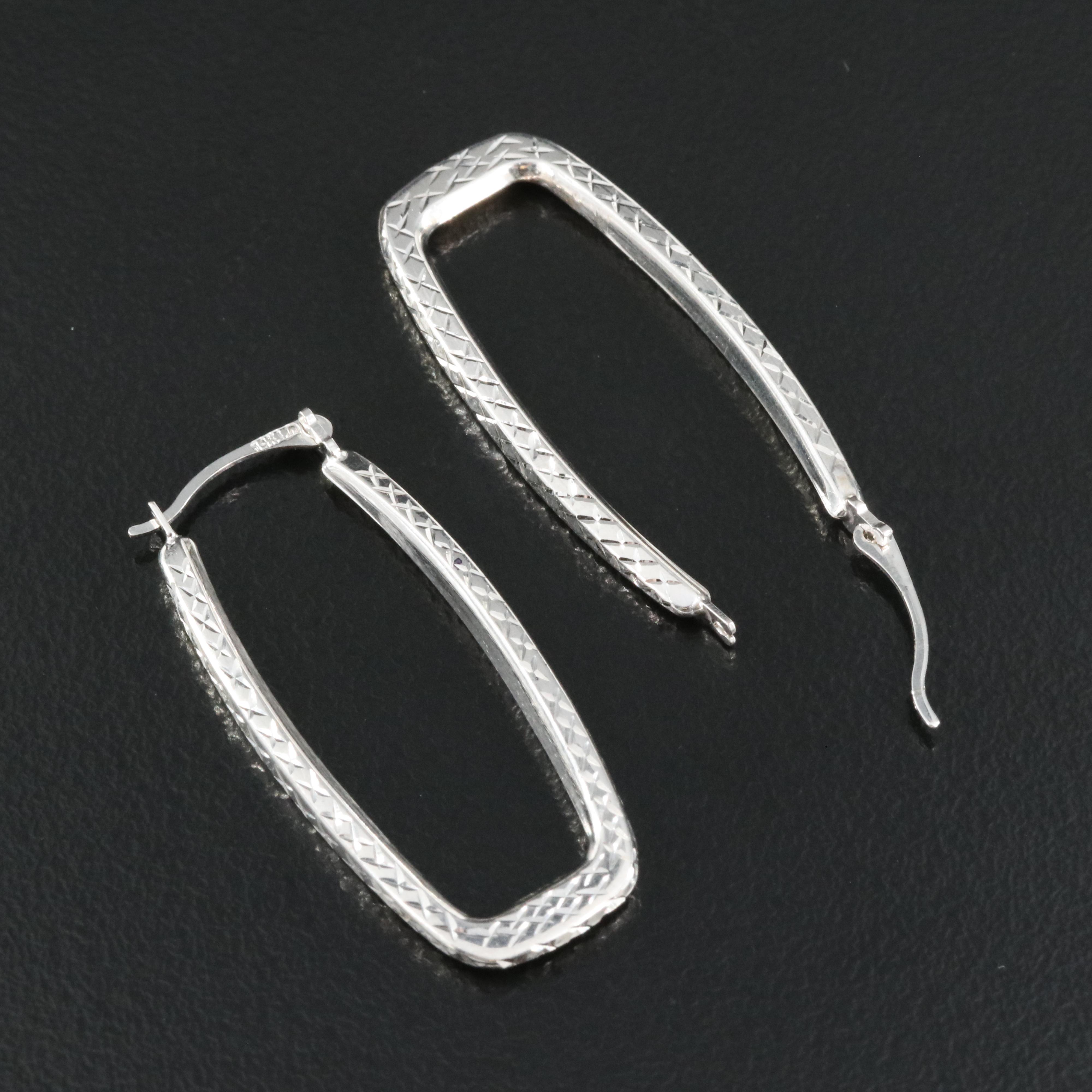 14K Textured Square Elongated Hoop Earrings