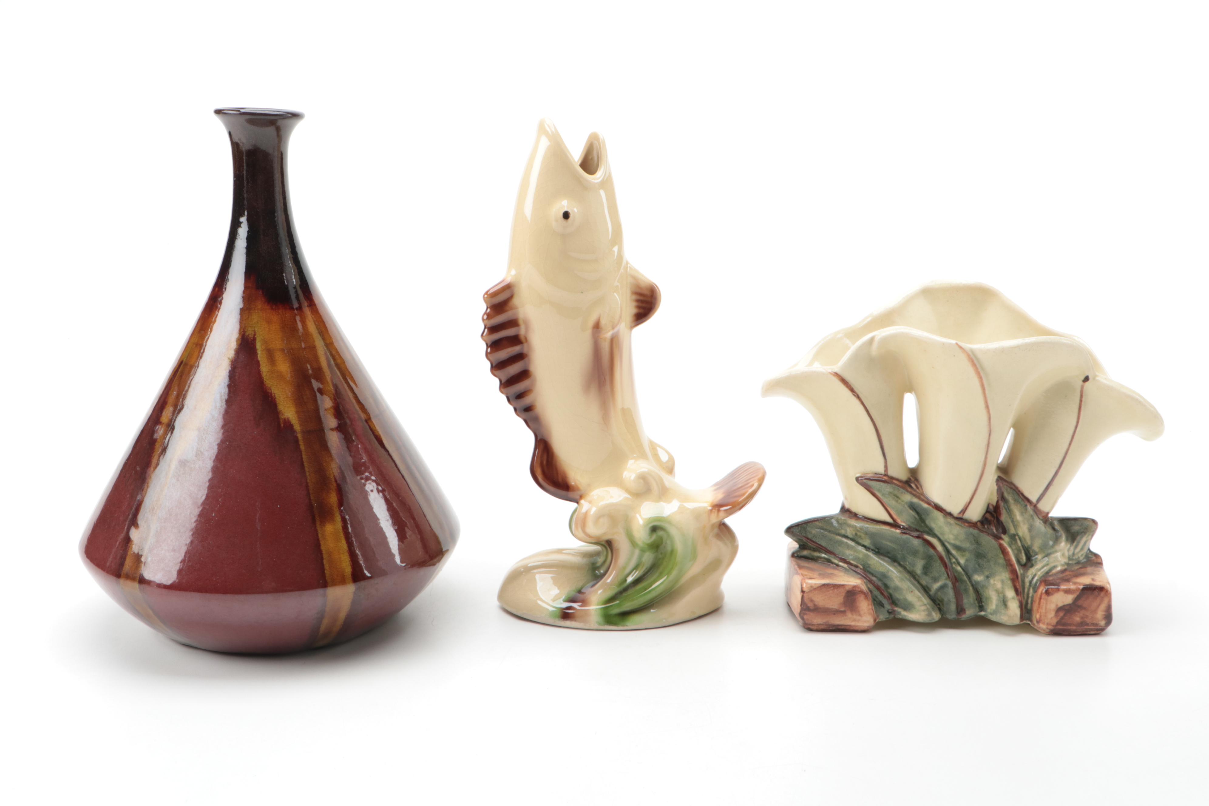 McCoy Lily Vase with Drip Glaze Vase and Fish Figurine