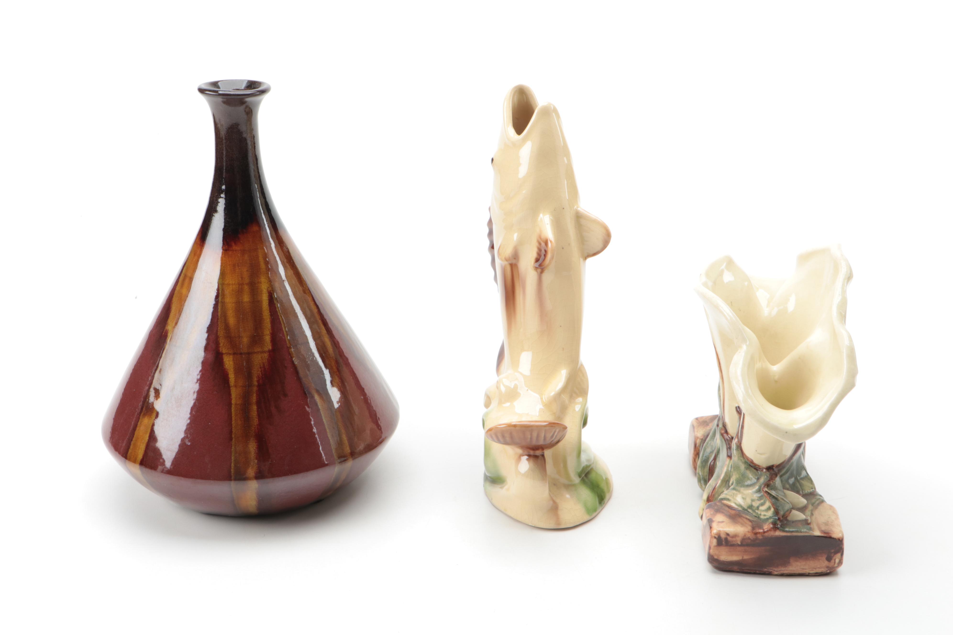 McCoy Lily Vase with Drip Glaze Vase and Fish Figurine