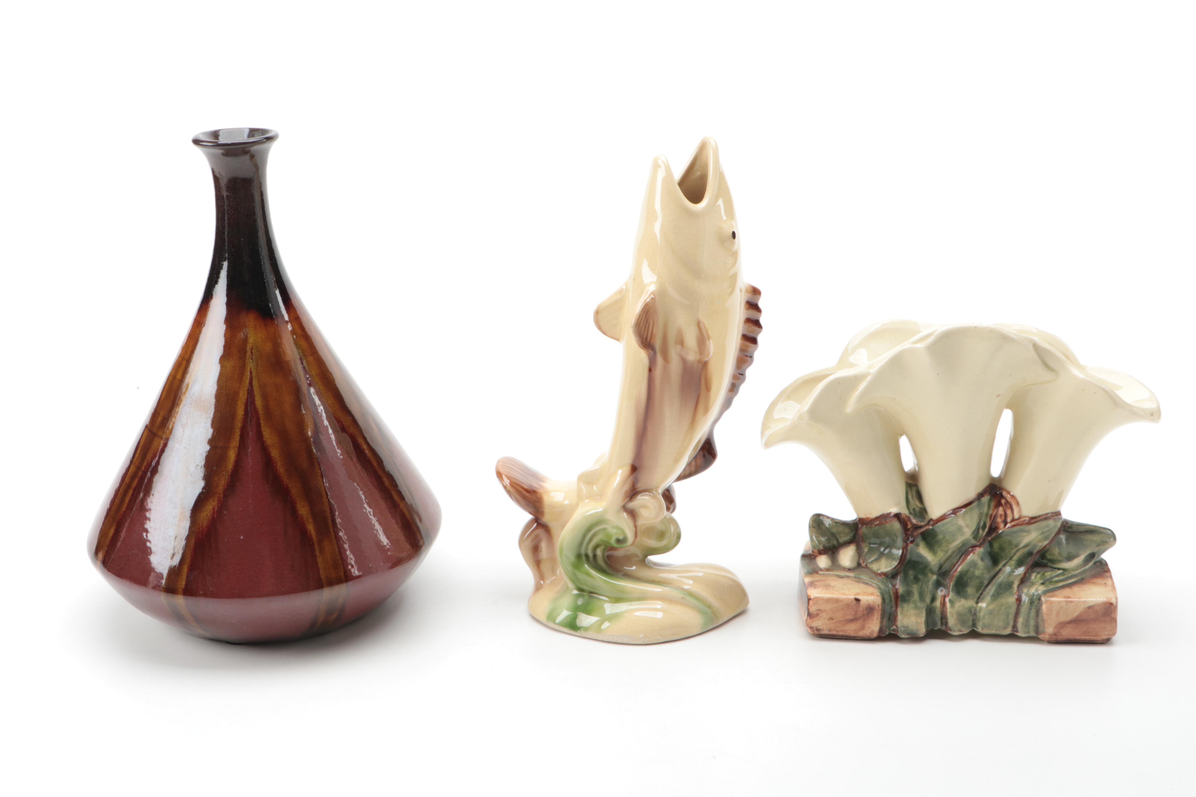McCoy Lily Vase with Drip Glaze Vase and Fish Figurine
