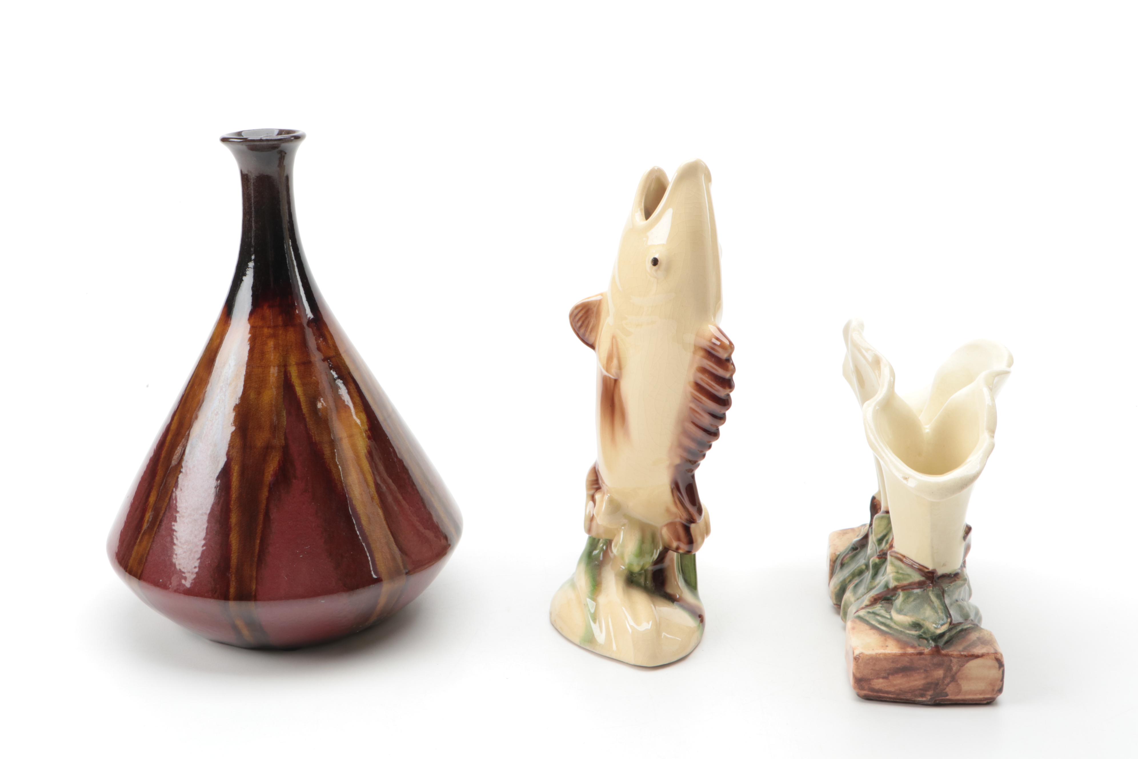 McCoy Lily Vase with Drip Glaze Vase and Fish Figurine