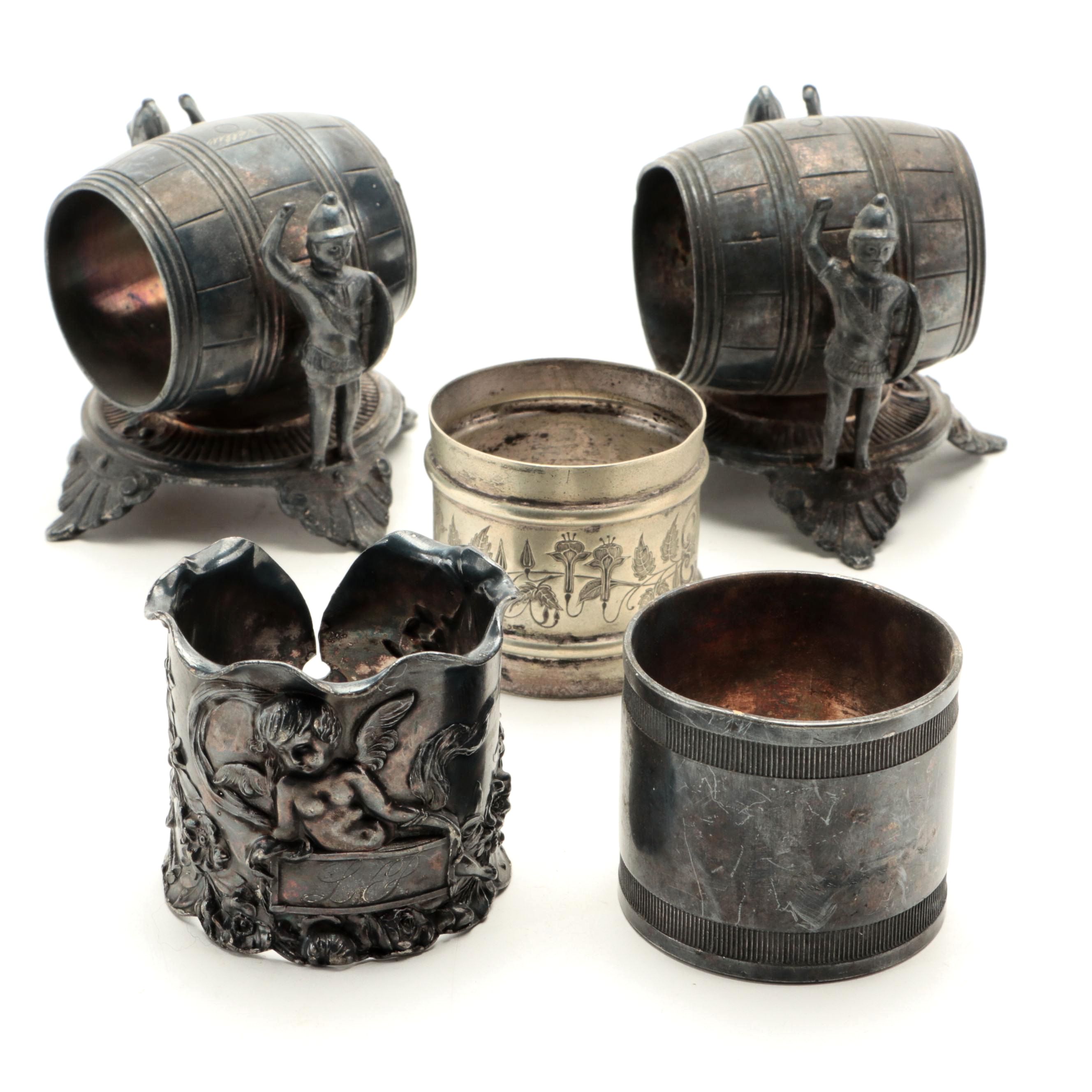 Middletown Plate Co. Figural and Other Silver Plate Napkin Rings, Late 19th C.