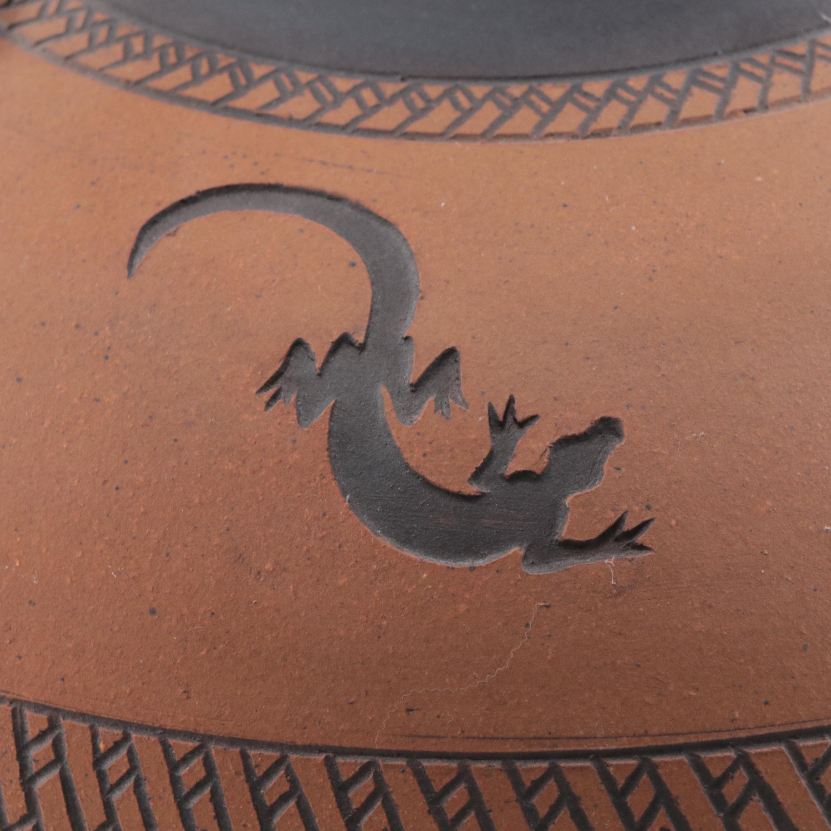 Southwest Style Earthenware Lidded Pot With Sgraffito Lizards