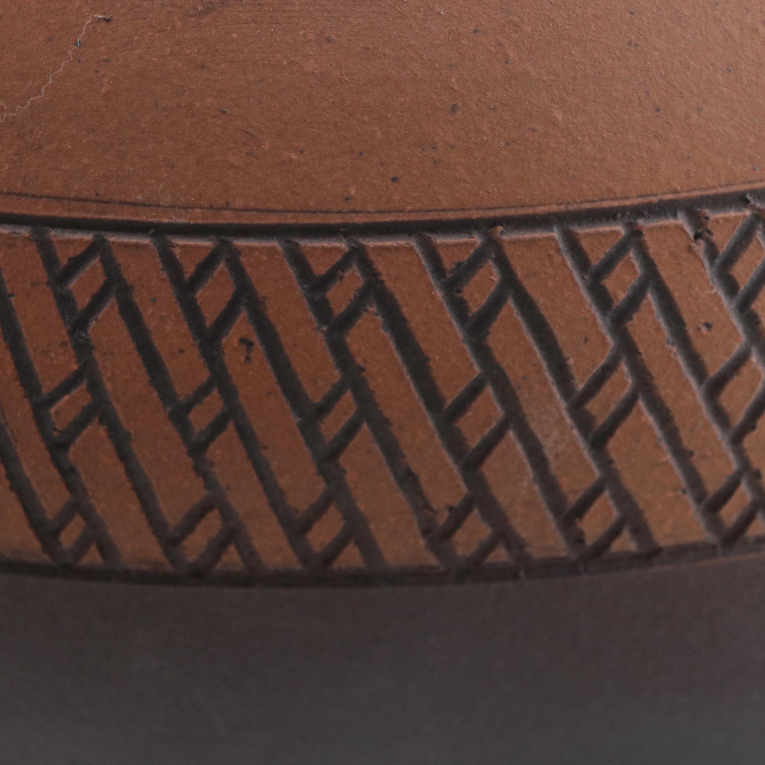 Southwest Style Earthenware Lidded Pot With Sgraffito Lizards